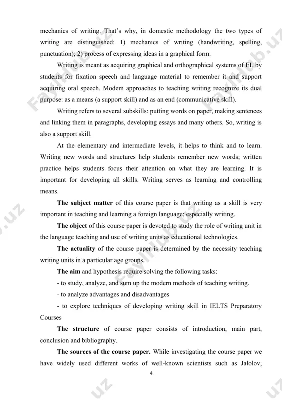 f writing skills. thus, teaching writing is built on the basis of samples of written texts and analysis of their structure and content, and then their formal reproduction follows. the procedure of this approach may be presented as a schema: presentation of a text-sample for imitation or adaptation → writing variations of the first sentences, then paragraphs, then the whole text checking the language correction in the text → correction of the text. the main criteria of evaluation are structural and language correction. so, this approach emphasizes accuracy rather than fluency or originality. writing techniques and activities can be characterized as controlled (for providing the content and form), guided (as free but a form is given) and free. (controlled writing proposes using the following activities: coping, gap-filling, re-ordering words, substituting, correcting the facts and dictation, or dictocom (a combination of dictation and composition). guided/parallel writing is used when we teach …
