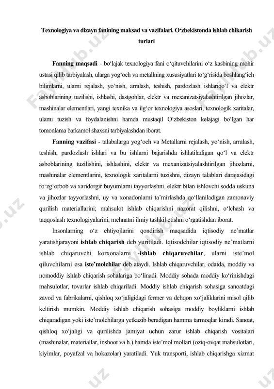 a iste’molchilar deb ataydi. ishlab chiqaruvchilar, odatda, moddiy va nomoddiy ishlab chiqarish sohalariga bo‘linadi. moddiy sohada moddiy ko‘rinishdagi mahsulotlar, tovarlar ishlab chiqariladi. moddiy ishlab chiqarish sohasiga sanoatdagi zavod va fabrikalarni, qishloq xo‘jaligidagi fermer va dehqon xo‘jaliklarini misol qilib keltirish mumkin. moddiy ishlab chiqarish sohasiga moddiy boyliklarni ishlab chiqaradigan yoki iste’molchilarga yetkazib beradigan hamma tarmoqlar kiradi. sanoat, qishloq xo‘jaligi va qurilishda jamiyat uchun zarur ishlab chiqarish vositalari (mashinalar, materiallar, inshoot va h.) hamda iste’mol mollari (oziq-ovqat mahsulotlari, kiyimlar, poyafzal va hokazolar) yaratiladi. yuk transporti, ishlab chiqarishga xizmat ko‘rsatish bo‘yicha aloqa, savdo, umumiy ovqatlanish, moddiy-texnika ta’minoti, tayyorlash va sotish ham moddiy ishlab chiqarish sohasiga kiradi, chunki bo‘lar mahsulotlarni yaratishda yordam beradi va ularning realizatsiya qilinishini ta’minlaydi. xalq xo‘jaligining noishlab chiqarish sohasiga aholiga ta’lim berish, tibbiy xizmat ko‘rsatish, madaniy-maishiy xizmat ko‘rsatish, boshqarish, rejalashtirish va boshqa ijtimoiy zarur vazifalarni amalga oshiradigan tarmoqlar kiradi. bu soha kishilarining mehnat sharoitini, turmushini yaxshilash xalqning farovonligini yuksaltirishga katta …