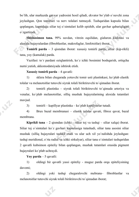 va amakrin hujayralar (bipolyar va ganglioz, fotoretseptor va bipolyar hujayralar orasida) mavjud. neyronlar orasida radial yo`nalgan gliotsitlar: myuller tolalari bor. to`r parda qavatlari: 1) pigmentli epiteliy, eng tashqi qavat - melanin pigmentini saqlovchi o`simtali prizmasimon hujayralarning tanalaridan iborat; tomirli pardaning bazal plastinkasi bilan chegaradosh bo`lib, o`simtalari to`r pardaning ikkinchi qavati, ya’ni fotoretseptorlarning o`simtalari orasida joylashadi. 2) tayoqcha va kolbachalar qavati - u pigment hujayralarning o`simtalari va fotoretseptor kolbachasimon va tayoqchasimon hujayralarning dendritlari-ni saqlaydi; 3) tashqi chegaralovchi qavat (glial membrana) - neyroglial (myuller) hujayralarning o`simtalaridan iborat; 4) tashqi donador (yadroli) qavat - tayoqchasimon va kolbachasimon fotoretsep-tor hu-jayralarning tanalaridan tashkil topgan; 5) tashqi to`rsimon qavat - tayoqchasimon va kolbachasimon hujayralarning aksonlari va bipolyar, gorizontal, amakrin hujayralarning dendritla-ridan tashkil topgan; 6) ichki donador (yadroli) qavat - bipolyar, gorizontal va amakrin hujayralar, shuningdek myuller tolalari glial hujayralarining tanalaridan tashkil topgan; gorizontal hujayralar ko`plab gorizontal dendritlari orqali retseptor hujayralarning aksonlari bilan sinapslar xosil qiladilar; aksonlari …
