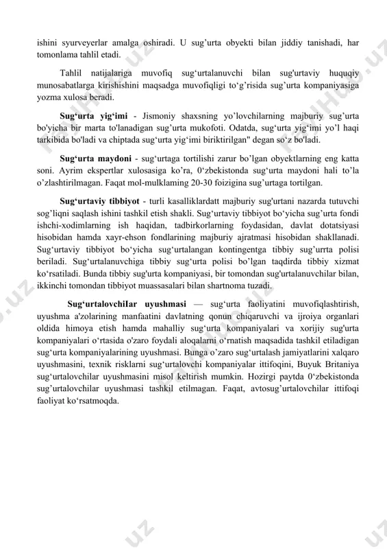 hga qaratilgan sug'urta kompaniyasining faoliyatidir. sug'urta kompaniyasining muvozanatlashgan sug'urta portfelini shakllanishida risklami tanlash iborasini amaliy jihatdan ishlatish muhimdir. sug'urta amaliyotida risklarni tanlash ishini syurveyerlar amalga oshiradi. risklami tanlash - bu risk menejment sohasida olib boriladigan chora - tadbirlaming bir qismidir. riskli holatlar - risk darajasiga ta’sir qiluvchi omillar. sug’urtalanuvchiga ma’lum bo'lgan barcha riskli holatlar sug’urta kompaniyasiga xabar qilinadi. bu riskni baholashda muhim ahamiyatga ega. riskli holatlami tahlil etish syurveyer voki adjasteming funksiyasiga kiradi. bu sug‘urta kompaniyasini sug‘urta shartnomasini tuzish yoki tuzmaslik masalasi bo‘yicha qaror qabul qilishida hamda sug’urta qoplamalari va summalarini to’lashda muhim o'rin tutadi. riskli holatlar: shaxsiv va ashyoviv; to‘g‘ri va egri; tasdiqlanadigan va inkor qilinadigan: obvektiv va subyektiv turlarga bo’linadi. riskni baholash - risk parametrlarini xarakterlovchi barcha riskli holatlarni natura va qiymat ko’rinishida tahlil etish. eng ahamiyatli belgisiga qarab tegishli risklar guruhi ajratilgan hamda u riskni baholash mezoni hisoblanadi. masalan, shaxsiy sug‘urta shartnomasini tuzishda insonning yoshiga e'tibor beriladi. …