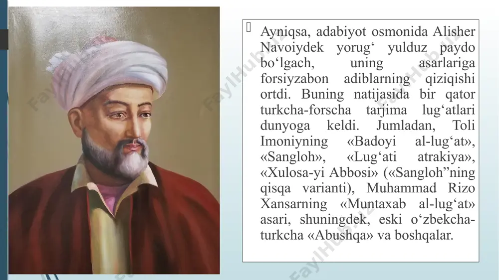 erta, ken, axsham, qorong‘u, alav, ko‘sh, yaz, savuk, o‘so‘g kabi so‘zlarning forscha-tojikcha tarjimasi beriladi. bundan ko‘rinib turibdiki, lug‘atning oxirgi bobi mavzuiy-ideografik lug‘atning ilk namunasidir. demak, «kelurnoma» ikki tildagi lug‘atni — uya va ideografik lug‘atni o‘z ichiga oladi. mirza mehdixon haqida to‘liq ismi nizomiddin muhammad hodi al-husayni as-safaviy. otasining ismi esa mirza muhammad nosiriydir. u asli astrobodlik bo‘lib, eron shohi nodirshoh saroyida muarrix va xattot bo‘lib ishlagan. mirza mehdixon tomonidan tuzilgan. grammatik masalalarni o’z ichiga olgan. “sangloh” lug’ati bu lug’at “moboni ul-lug‘at” nomli ocherkni o‘z ichiga oladi. ocherkda muallifning lingvistik qarashlari aks etgan. lug‘at milodiy 1760-yilda yozib tugallangan. «moboni ul-lug‘at» tarsifdan (fammatika) muqaddima muqaddima qismida asarning yozilish sabablari va alisher navoiyning bu asar uchun manba bo‘lib xizmat qilgan 12 nazmiy va 9 nasriy asarlarining nomi qayd etiladi, turkiy tilning fors tilidan ham, arab tilidan ham farq qiladigan o‘ziga xos grammatika qonuniyatlari mavjudligini ta’kidlanadi. tarsif qismi olti mabna (qism)ni o‘z ichiga oladi. …