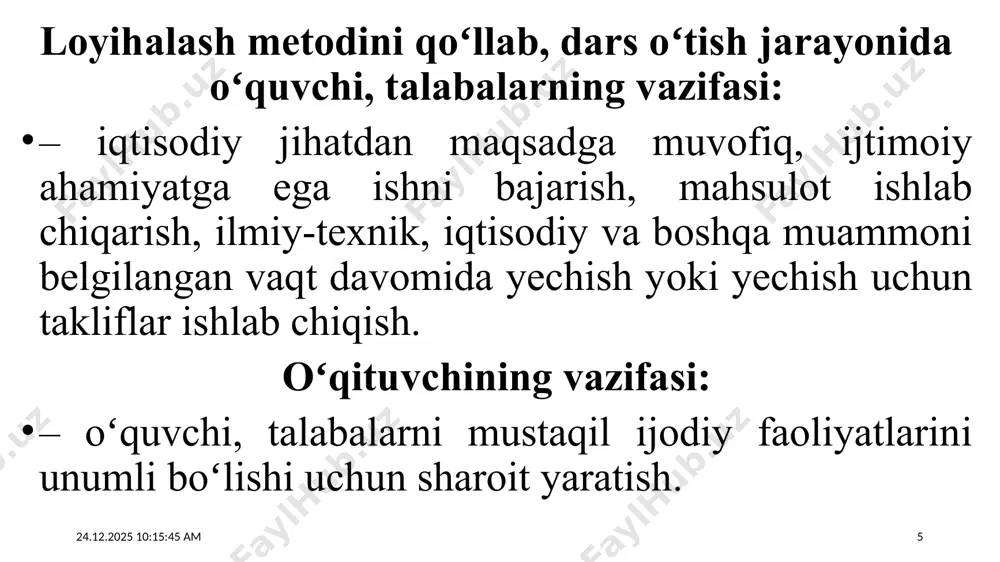 ing qiziqtiruvchi metodlari toʻg’risidagi tushunchalarni farqlay oladilar. 1-asosiy savol bayoni: bugungi kun talabi ta`limni sifat oʻzgarishlariga olib keluvchi yangicha yondashuvlarni izlashga undamoqda va uni oʻrganishdagi yondashuvlar (metodlar) ham oʻzgarmoqda. ta`limda yangi bilimlarni amalda qoʻllash natijasi innovatsiyalarga asoslangan yangi ta`lim yaratilishiga olib kelmoqda. respublikamizda ta`lim tizimini har tamonlama rivojlantirish kadrlar tayyorlashtizimini tubdan yangilash va isloh qilish davlat ahamiyatidagi eng ustuvor vazifalar qatoriga kiradi. 11.10.2021 20:36:26 14 oʻquvchilar oʻquv - biluv faoliyatini faollashtirishda oʻqitishning qiziqtiruvchi metodlari: informatika oʻquv predmetining asosiy vazifasi oʻquvchilarni zamonaviy informatikaning ba`zi bir umumiy g’oyalari bilan tanishtirish, informatikaning amaliyotdagi tadbig’ini va kompyuterlarning zamonaviy hayotdagi rolini ochib berishdan iborat. didaktik tamoyillarni hisobga olgan holda, oʻquvchilarga nafaqat faktlarning qat`iy ilmiy bayonini berish, balki oʻqitishning turli qiziqarli metodlarini ham qoʻllashlozim. masalan, koʻpchilikka ma`lum va ommabob boʻlgan krossvord oʻyini oʻquvchilarda qiziqish uyg’otishi tabiiydir. qomusiy lug’atda ta`riflanishicha, uningatamasi inglizcha “kross” – kesishgan, “vord” – soʻz degan ma`noni anglatib, ilk bor xx asr boshlarida kashf …