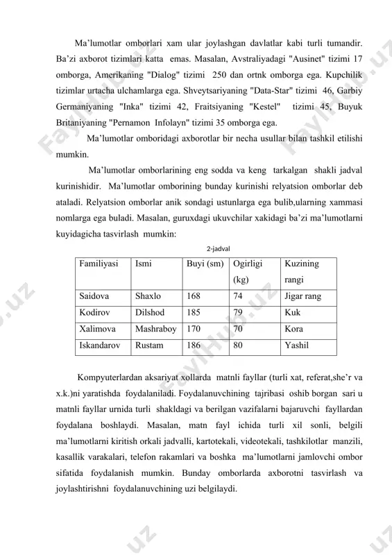 hning bir variantini anik misol tarikasida kurib chikaylik. masalan, uzbekistonda tugilgan va fundamental fanlar (fizika, matematika, biologiya, kime va x.k.) soxasida faoliyat kursataetgan yirik mutaxassislarning "fanlar ekspertlari ombori" deb nomlanadigan kartotekasini (matnli fayllarda) yaratish mumkin. bunday kartotekalardan foydalanish ancha kulay. fayllar modeli ma’lumotlarining asosiy tuzilmalari (strukturalari)- maydon, ezuv, fayl. ezuv ma’lumotlarini ishlashning asosiy tuzilma birligi tezkor va tashki xotira urtasidagi almashuv birligi xisoblanadi. maydon - ma’lumotlarni tashki etishning oddiy birligi bulib, axborotning aloxida, bulinmas birligi bulishi rekvizitga mos keladi. ezuv - mantikan boglangan rekvizitlarga mos keluvchi maydonlar yigindisidir. ezuvning tuzilishi uz tarkibiga kiruvchi xar bir oddiy ma’lumotga ega maydonlar tarkibi va ketma-ketligi bilan belgilanadi. fayl-aloxida maydonlarda mazmunga ega bulgan bir xil tuzilishdagi kuplab ezuv nusxalaridir. ezuv nusxasi maydonlarning ma’lum mazmunga ega bulgan ezuvlarini aks ettiradi. fayl ezuvi tuzilishi chizikli, ya’ni maydon yagona mazmunga ega va guruxli ma’lumotlar mavjud emas. xar bir ezuv nusxasi, yagona ezuv kaliti bir xil buladi. umumiy …