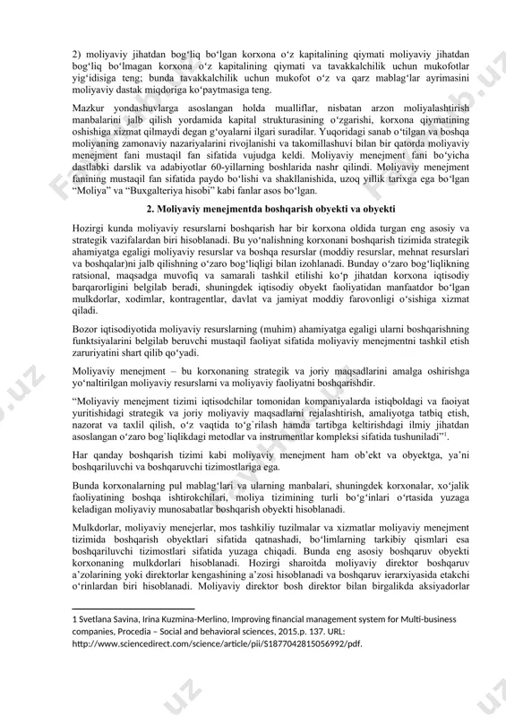 arur va etarli boʻlgan kapitalni shakllantirish hamda jalb qilingan mablagʻlarni samarali (foydali) joylashtirish. korxona passivlari ikki asosiy guruhdan tashkil topgan moliyalashtirish manbalaridan iborat: oʻz (ichki) va chetdan jalb qilingan (qarz) mablagʻlar. bunda u yoki bu manbani shakllantirish korxona uchun birdek kechmaydi. jalb qilingan kapital qiymati har bir manbani saqlab turish va faoliyatni zarar bilan yakunlamaslik boʻyicha jarajatlarni qoplash uchun zarur boʻlgan daromadning minimal darajasini ifodalaydi. kapital qiymatini miqdor jihatdan baholash korxonani moliyalashtirish manbalarining muqobil variantlarini tanlab olishda muhim ahamiyatga ega. korxonani moliyalashtirish manbalari qiymatini aniqlash uchun oʻz va qarz mablagʻi oʻrtasidagi nisbatga bogʻliq boʻlgan va uning oʻzgarishi bilan oʻzgarib boruvchi, jalb qilingan kapitalning oʻrtacha qiymati hisoblanadi. bunda oʻz va qarz mablagʻlar qiymatini oʻzgarish sur’atlari turlicha boʻlishi mumkin. shu tariqa, aksiyadorlar qarz mablagʻlari qiymatini oshishiga tezkor munosabat bildira olmaydi va oʻz qoʻyilmalari boʻyicha oʻsib boruvchi tavakkalchilik uchun tovon sifatida dividendlarni koʻpaytirishni talab qilishi mumkin. mazkur nazariya mualliflari, aksariyat hollarda kapital strukturasi …