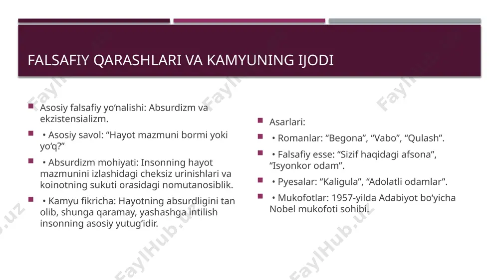 ning o‘z o‘rnini izlash, o‘limga munosabat va o‘ziga bo‘lgan sadoqatini tahlil qilish uchun chuqur falsafiy asardir. o‘quvchi uchun u nafaqat adabiy zavq bag‘ishlaydi, balki hayotning mohiyati haqida chuqur o‘ylashga ham undaydi. e’tiboringiz uchun tashakkur tayyorladi; 205- guruh talabasi hasanova malika image1.jpg image2.jpg /docprops/thumbnail.jpeg