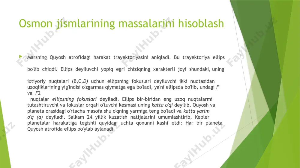 sh asosida, ularning umumiy massalarini hisoblashga imkon beradi. kepler oʻz qonunlari asosida sayyoralarning harakat jadvallarini tuzdi. bu jadvallar 1627-yilda "rudolf jadvallari" nomi bilan nashr qilindi. aniqligi yuqori darajada boʻlgan bu jadvallardan astronomlar amaliy astronomiyada 17-, 18-asrlar davomida keng foydalanishgan. k. q. osmon mexanikasi fanining paydo boʻlishi va taraqqiyotida muhim oʻrin tutadi. sutkalik paralakslar kuzatishdan sutkalik va yillik paralakslarni aniqlash faraz qilamizki m yoritgich osmon meridianidan o’tayotgan paytda bitta geografik meridianyushg ikkita o1 va o2 nuqtalardan turib z1 va z2 zenit masofalari o’lchangan bo’lsin. yana faraz qilamizki, har ikki kuzatish punkti yer meridianining shimoliy yarmida joylashgan bo’lib, har bir kuzatish joyidan zenitga nisbatan yoritgich janub tomonda ko’rinsin. quyosh sistemasi jismlarigacha bo‘lgan masofalarni aniqlash bizning quyosh sistemamizga kiruvchi jismlargacha (sayyoralar, oy, mayda sayyoralar va hokazo) masofalar trigonometrik parallaks deyiluvchi usul yordamida topiladi. +kuzatuvchiga nisbatan uzoq, ya’ni u borib bo‘lmaydigan nuqtalargacha masofani aniqlash geometriya kursidan bizga ma’lum. 2.3-rasmda a nuqtadan turib, daryoning narigi …