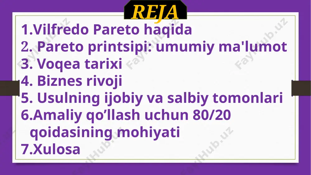 iyasini ishlab chiqdi. asosiy tushuncha - elitalarning aylanishi. v.pareto siyosiy tarixni “aristokratlar qabristoni” deb atagan, ya’ni hokimiyat doimo ko‘pchilik emas, balki elita qo‘lida bo‘ladi. bir elita pasaysa, elita bo'lmaganlar orasidan yangisi paydo bo'ladi. tsikl shunday sodir bo'ladi. elita nazariyasi haqida ko'proq. qisqacha bibliografik eslatmani yakunlab, v. pareto o'z davridan ma'lum darajada oldinda bo'lganligini ta'kidlaymiz. uning iqtisodga oid aksariyat asarlari xx asr boshidagi tadqiqotlardan ko‘ra ko‘proq zamonaviy yozuvlarni eslatadi. ijodiy merosni o'rgangan biograflar butun dunyodan to'plangan murakkab hisob-kitoblar, grafiklar, diagrammalar, statistik ma'lumotlar haqida so'z yuritadilar, ularni muallif amalga oshirgan va o'z asarlari sahifalariga joylashtiradi. uning ba'zi topilmalari bugungi kunda ham dolzarbligicha qolayotgani ajablanarli emas. pareto printsipi: umumiy ma'lumot qaysi manbalar maksimal daromad keltirishini aniqlasangiz, minimal xarajatlar bilan siz eng katta samaraga erishishingiz mumkin. pareto qoidasi muayyan aktivlarni taqsimlash sxemasini anglatadi. barcha omillar sodir bo'layotgan narsaga bir xil ta'sir qiladi, deb ishoniladi. biroq, bu noto'g'ri fikr. pareto qoidasi harakat va natija nisbatiga …