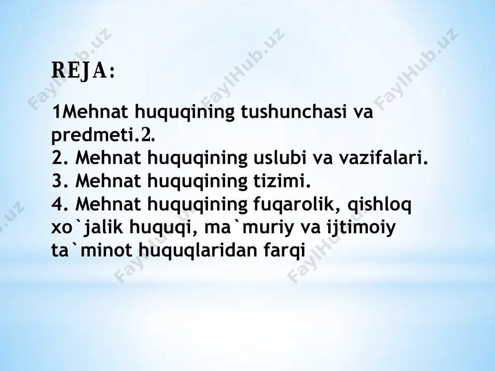 sharoitlarini belgilash va ishlab chiqarishga tadbiq etish jarayonida yuzaga keladi. ko`pincha mehnat nizolari ish beruvchi bilan xodim o`rtasida vujudga kelgan kelishmovchilik o`z vaqtida hal qilinmagan taqdirda ro`yobga chiqadi. ammo mehnat nizolari jamoa shartnomasini qabul qilish yuzasidan ham kelib chiqishi mumkin. mehnat huquqining uslubi va vazifalari. mehnatga oid munosabatlarni tartibga solishda huquqshunoslikning ushbu sohasida qo`llaniladigan uslubning quyidagi asosiy xususiyatlarini ko`rsatib o`tish mumkin: birinchidan, bu mazkur munosabatlarni tartibga solinishini markazlashtirilgan hamda lokal normalar uyg’unlashtirilgan holda qo`llaniladi. ikkinchidan, bu uslub mehnatga oid munosabatlarning qonunlar va shartnomalar asosida tartibga solish jarayonida uzviy bog’liqligida namoyon bo`ladi. bu xol mehnat kodeksining 4-modda 2-qismida yaqqol ifodalangan. uchinchidan, mehnatga oid munosabatlarni tartibga solishda korxona mehnat jamoasi, kasaba uyushmasi va xodimlarning boshqa vakillik organlari ishtirok etishi belgilab qo`yilgan. to`rtinchidan, mehnat kodeksining 10 - moddasida munosabatlarning huquqiy jihatdan tartibga solishda halqaro huquqiy normalar, shuningdek, davlatlararo shartnomalar qoidalarining qo`llanishi nazarda tutilgan. mehnat huquqining tizimi. mehnat huquqi tizimi deganda, mehnat huquqi normalarining …