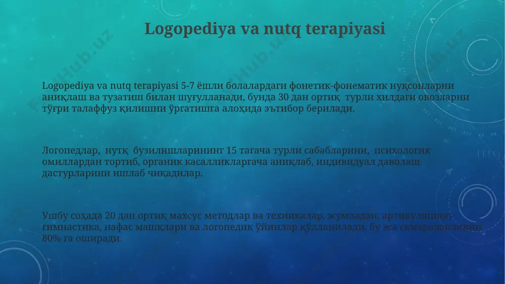 й тузилишга эга бўлади. nutq madaniyati va uning ahamiyati ona tilida ravon va to'g'ri so'zlash, 5 ta asosiy nutq ko'nikmalarini (tinglash, gapirish, o'qish, yozish va tilni tahlil qilish) o'zlashtirish orqali shaxsning intellektual rivojlanishiga ijobiy ta'sir ko'rsatadi. nutq madaniyati, ijtimoiy-madaniy muhitda muvaffaqiyatli integratsiya qilish, ish topish va martaba o'sishi, individual sifatida rivojlanishning asosiy omillaridan biri hisoblanadi. nutq madaniyati kommunikativ kompetensiyaning muhim tarkibiy qismidir, u muloqotning samaradorligini 30% ga oshirishi va 70% gacha noto'g'ri tushunishlarning oldini olishi mumkin. nutq rivojlanishining bosqichlari 4-5 yoshda murakkab grammatik tuzilmalarni o'zlashtiradi, monologik nutq faol rivojlanadi, ko'p so'zli gaplarni tuzadi va hikoyalarni batafsil bayon qila oladi. nutq rivojlanishining dastlabki bosqichi (0-1 yosh) bolaning balkirovchi tovushlarni chiqarishi, birinchi so'zlarni aytishini va oddiy iboralarni tushunishini o'z ichiga oladi. 2-3 yoshlik davrda so'z boyligi tez o'sib boradi, grammatik tuzilmalar murakkablashadi, sodda gaplarni tuzish va hikoya qilish qobiliyati rivojlanadi. nutqning kommunikativ funksiyalari nutqning ijtimoiy funksiyasi individual va guruh aro munosabatlarni tartibga …