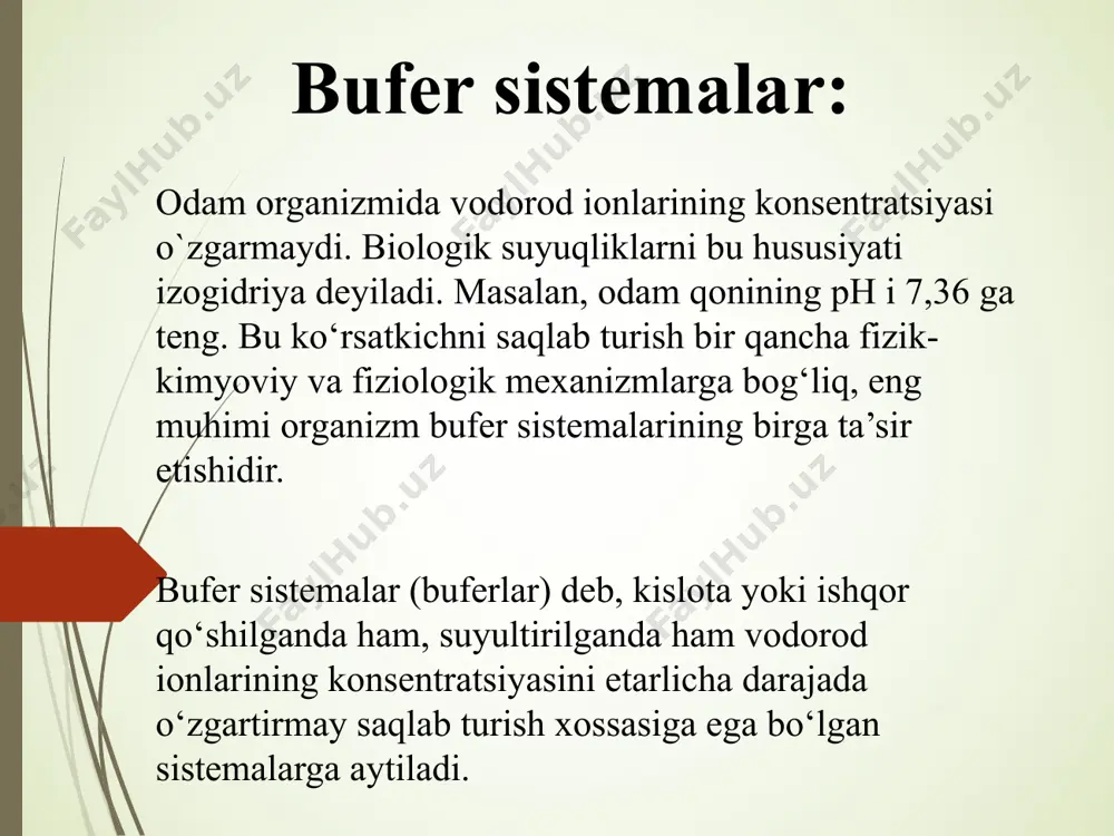 li bufer sistemasi hisoblanadi. qonning umumiy bufer ta’sirining deyarli 10 foizi gidrokarbonat buferga to‘g‘ri keladi. qon ph ining normal qiymatida, ya’ni ph=7,4 da, gidrokarbonat bufer sistemasining tarkiblar nisbati h2co3: nahco3 = 1:20 ni tashkil etadi.qonga kuchli kislota yoki asos tushganda gidrokarbonat bufer sistema ta’sirini quyidagi sxemalarda tasvirlash mumkin. gidrokarbonatli buffer: masalan: 1 l qon zardobiga 10 ml 0,1 m xlorid kislota qo‘shilganda ph 7,4 dan 7,2 ga o‘zgaradi, vaxolanki shuncha miqdordagi xlorid kislota 1 l fiziologik eritma (0,15 m nacl eritmasi) ph ini 2,0 gacha o‘zgartiradi. gidrokarbonat ionlari ko`rinishida mavjud bo`lgan co2 ning hajmiy ulushi qonning ishqoriy zaxirasi deyiladi va odatda 50-70 % ni nashkil etadi. organizmning bufer sistemalari gidrokarbonatli bufer sistema - qonning asosiy bufer sistemasi: h2co3 h+ + hco3- nahco3 na+ + hco3- oz miqdorda kuchli kislota qo’shilganda kuchsiz elektrolit h2co3 hosil bo’ladi: h+ + hco3- = h2co3 oz miqdorda kuchli asos qo’shilganda kuchsiz elektrolit h2o hosil bo’ladi: …