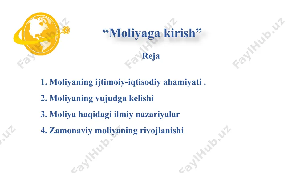 abatlari; byudjet tizimiga soliqlarni to'lash va xarajatlarni byudjetdan moliyalashtirish davomida korxona va davlat o'rtasida vujudga keladigan pul munosabatlari; soliqlar va boshqa ixtiyoriy to'lovlarni to'lash jarayonida davlat va fuqarolar o'rtasida vujudga keladigan pul munosabatlari; moliya quyidagilar o'rtasida vujudga keladigan pul munosabatlarini ifodalaydi: to'lovlarni amalga oshirish va resurslarni olish jarayonida korxonalar, fuqarolar va nobyudjet fondlari o'rtasida vujudga keladigan pul munosabatlari; byudjet tizimining alohida bo'g'inlari o'rtasida vujudgakeladigan pul munosabatlari; sug'urta badallarini to'lash va zararlarni qoplash, sug'urta hodisasi ro'y bergan paytda aholi, korxonalar hamda mulkiy va shaxsiy sug'urta organlari o'rtasida vujudga keladigan pul munosabatlari; korxona fondlarining doimiy doiraviy aylanishiga xizmat qiluvchi pul munosabatlari. moliyaning funksiyalari: taqsimlash nazorat shaxsiy moliya (personal finance) korporativ moliya (corparate finance) davlat moliyasi (public finance) moliyaning sohalari shaxsiy moliya daromadlar xarajatlar jamg’armalar investitsiyalar himoyalanish (sug’urtalanish) shaxsiy moliya shaxsiy moliya - bu daromad olish, sarflash, moliyaviy mablag’larni tejash, investitsiya qilish va moliyaviy mablag’larni himoya qilish kabi shaxsiy moliyaviy faoliyatni rejalashtirish va …