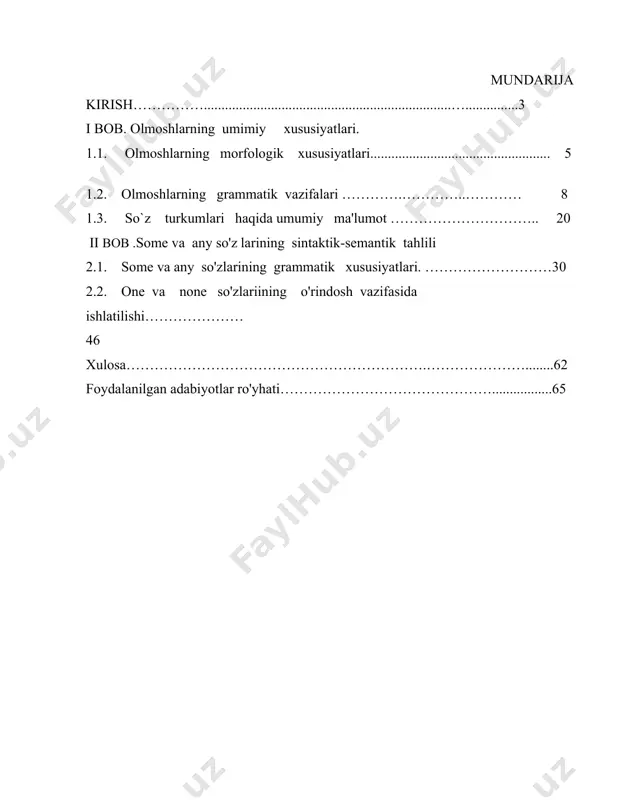ligi: o'rganilgan mavzuning dolzarbligi ingliz tilidagi olmoshlarning grammatik va morfologik xususiyatlari izohlanadi. ingliz va o`zbek tillarida olmoshlarning qiyosiy tahlili chuqur o`rganishga, unga xos xususiyatlarni ta'riflashga, qolaversa, ularning morfologik va grammatik xususiyatlarni o'rganishga ham katta ahamiyat beriladi. hozirgi zamon ingliz tili grammatikasi strukturasiga asosan tillar o'z grammatik strukturasiga ko'ra sintetik va analitik bo'ladi. biroq bu grammatik jihatlar hamma tillar uchun xos emas. har bir tilning o'z grammatik xususiyatlari va funksiyalari bor. so'z turkumlari bir biridan ma'no va funksiyalari bilan farq qiladi.ingliz tili grammatikasiga oid bir qator masalalar tilshunos olimlar tomonidan o'rganilganda turli baxs-munozaralarga sababchi bo'lgan birgina olmoshlarni olsak, ba'zi olimlar "olmoshlar odatda nominativ so'zlarninig o'rnida qo'llanuvchi vosita hisoblanadi." (m.irisqulov.2008.) fikricha olmoshlar leksik ma'nosi jihatdan alohida so'z turkumiga ajratish kerak deb hisoblashadi. aynan shu fakt ba'zi tilshunos olimlarni olmoshlarni alohida so'z turkumi sifatida ajratish shart emas , ularni ot va sifat so'z turkumiga tarqatib yuborish kerak degan xulosaga olib keladi. lekin bu …