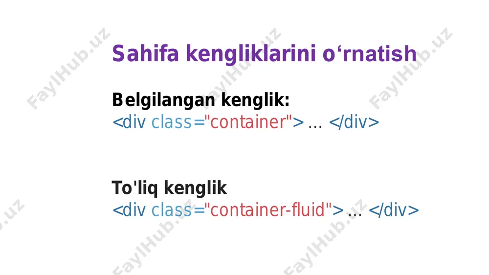 tegida form-inline stilini qo’llash yetarli. • namuna: • • • email • • • • parol • • • yuborish • taqiqlangan va taqiqlanmagan radiobutton va checkbox lar taqiqlanmagan checkbox taqiqlangan checkbox taqiqlanmagan radiobutton taqiqlanmagan radiobutton tegi 1 2 3 1 2 3 4 5 taqiqlangan forma dagi bir necha elementlarni bir vaqtda taqiqlab qo’yish uchun bu elementlarni ….. teglarining orasiga yozamiz. taqiqlangan input taqiqlangan select menyu taqiqlangan select buni tanlab bo'lmaydi yuborish formadagi xato (.has-error), ogohlantirish (has-warning) va muvaffaqiyat (has-success) holatlari uchun input uslublari muvaffaqiyatli input ogohlantiruvchi input xatoli input tegiga xato, ogohlantirish va muvaffaqiyat holatlari uchun ikonkalar o’rnatish muvaffaqiyatli input ogohlantiruvchi input xatoli input ... ... ... default asosiy muvaffaqiyat xabar ogohlantirish danger link standard button lar large button large button default button default button small button small button extra small button extra small button rasmlar bootstrap yordamida rasmlarni ekran sohasiga moshlashtirish, yani rasmni rasm o’rnatilayotgan soha kengligida …