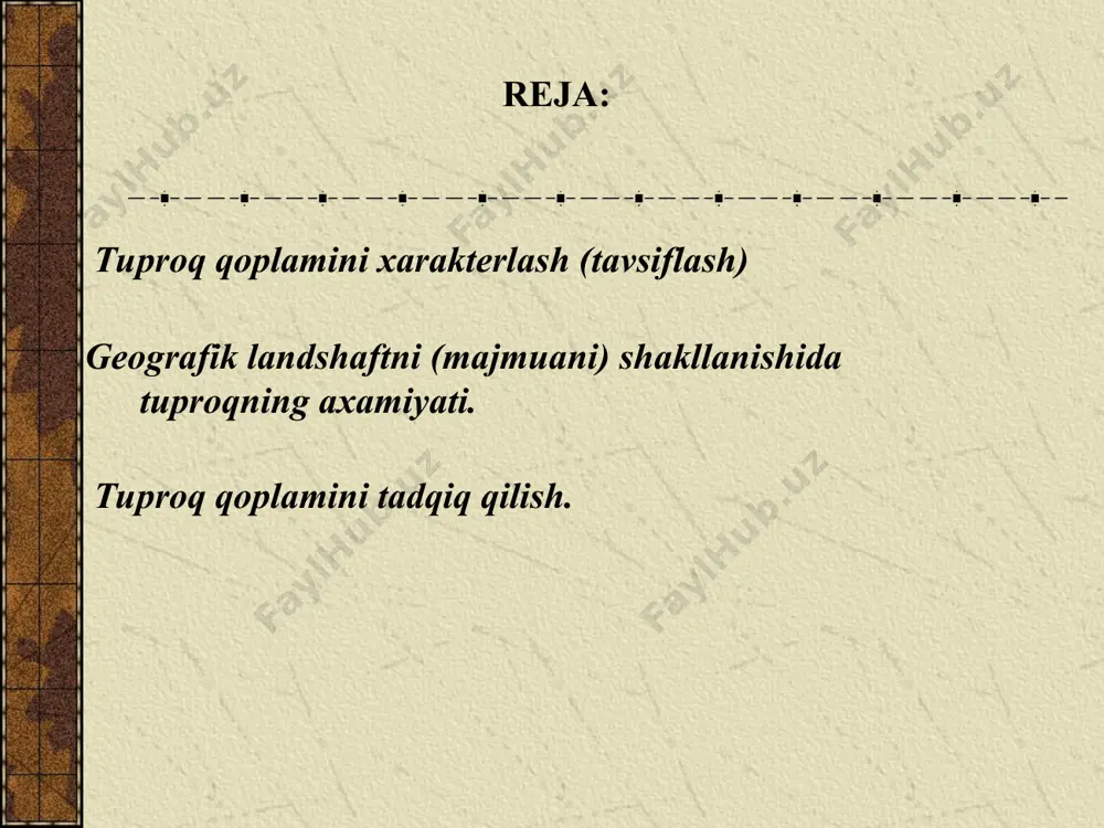 dqiq qilinayotgan xuddudda tarqalgan zonal tuproqning asosiy tiplarini geografik tarqalishini tasvirlaydigan sxematik tuproq xaritasini tadqiqot xisobotiga ilova qilinsa foydadan xoli bo’lmaydi. geografik kompleksniig shakllanishida tuproqning axamiyati juda xam kattadir. shuning uchun xam tuproq xaqida gapiralganda albatta tuproq landshaftining oynasi, noz— ne’matlar manbai deyiladi. dala sharoitida tuproq qoplamini tadqiq etish jarayonida foydalaniladigan asosiy asbob — uskunalar quyidagilardir: lopatka, tuproq pichori, tuproq burgusi, namuna uchun xalta va qogozlar, yorliqlar, monolitlar uchun yashiklar, ip, ruletka, yima metr, dala laboratoriyasi, 10 % qotishmali tuz kislotasi, adrionov kompasi, aneroid va boshqalar. tuproq qoplamini tadqiq qilishda eng asosiy ishlardan biri bu tuproq kesmalarini qilishdir. tuproq kesmalarini geologik ochiqliklarda xam shurflar yordamida xam tuzish mumkin. shurfni qazish tartib — qoidalari quyidagicha: 1.tuproq tadqiq qilinadigan joy tanlanadi 2.u er lopatka bilan kavlanadi 3.ma’lum sm dan so’ng undan namuna yoki monolit olinadi. 4. kerakli gorizontlardan namunalar olib bo’linganidan so’ng. shurf qazilgan chuqurdan yuqoridan chuqurga tomon gorizontlarni joylashishi, tuproqning fizik …