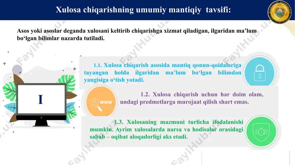 ayrim s-r emasdir. ‘ predikatga qarama-qarshi qo‘yishi: 1. asos mulohaza va xulosa chin bo‘lgan: a-j, e—>o. 2. asos mulohaza xato va xulosa chin bo‘lgan: а—o, e-j masalan: a. hamma daraxtlarning ildizi bor. i. ba’zi daraxtlarning ildizi bor. e. hech bir faylasuf matematik emas. i. ba’zi faylasuflar matematikdir. iv. mantiqiy kvadrat orqali xulosa chiqarish: xulosalar mulohazalar o‘rtasidagi zidlik, qarama-qarshilik, qisman moslik va bo‘ysunish munosabatlariga asoslanadi. bu munosabatlarning tahliliga ko‘ra xulosa chin bo‘lgan quyidagi holatlarni ko‘rsatish mumkin. birdan ortiq asosdan yangi fikrni hosil qilish mantiqiy uslubi bilvosita xulosa chiqarishdir. bilvosita xulosa chiqarish jarayonida inson fikri umumiylikdan yakkalikka, yakkalikdan umumiylikka, juz’iylikdan juz’iylikka qarab borishi mumkin, xulosa chiqarish uch usulda amalga oshiriladi: bilvosita deduktiv xulosa chiqarishning keng tarqalgan turi sillogizm hisoblanadi. sillogizm grekcha “syllogismos” so’zidan olingan bo’lib, sanash orqali xulosa chiqarish, degan ma’noni ifodalaydi deduktiv xulosa chiqarish nazariyasi buyuk yunon faylasufi arastu (384-322) tomonidan ishlab chiqilgan. aristotel qalamiga mansub «birinchi analitika», «ikkinchi analitika» kitoblarida …