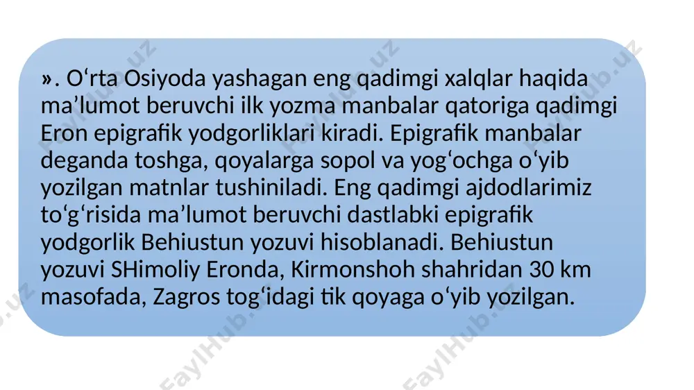 di. biroq, keyingi jiddiy tadqiqotlar bu hususda boshqacha hulosalar chiqarish imkoniyatini beradi. zardusht yaratgan madhiyalarning mazmuni va tili hisobiga olinadigan bo‘lsa, bu asar o‘rta osiyo hududlarida yaratilgan, degan fikr tug‘iladi. bunga «avesto»ning o‘zidan ham dalillar topish mumkin. "avesto" so‘zining etimologik mazmuni hususida ham turlicha nuqtai nazarlar mavjud. ko‘pchilik olimlar bu so‘z qadimgi fors so‘zidan olingan bo‘lib, lug‘aviy ma’nosi «asos», «poydevor» ekanligini ta’kidlaydilar. "avesto" bilan bir qatorda "zand-avesto" kitobi ham mavjud. «zand» tushunchasi «tafsir», «sharx» degan ma’noni bildiradi. shunday qilib, «zandavesto» – "avesto" ning sharxi, unga yozilgan tafsirdir. antik manbalar. eng qadimgi tariximizni o‘ragnishda antik, ya’ni yunon va rim manbalarida keltirilgan ma’lumotlar muhim va nodir ma’lumotlar hisoblanadi. shuni ta’kidlab o‘tish kerakki, antik mualliflarining birontasi o‘rta osiyo tarixiga oid alohida, maxsus asar yozmagan. qolaversa, o‘sha zamonda «o‘rta osiyo» degan jo‘g‘rofiy tushunchaning o‘zi ham yo‘q edi. ammo yunon va rim tarixchilari o‘zlarining boshqa mavzularga bag‘ishlangan asarlarida yo‘l-yo‘lakay qadimgi o‘rta osiyoga doir jo‘g‘rofiy, tarixiy …