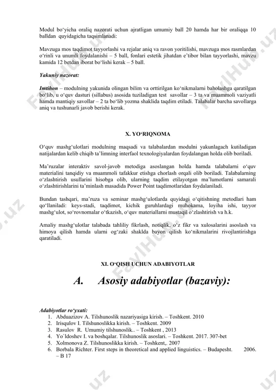 arga nol ball qo‘yiladi yoki oldin qo‘yilgan oraliq nazorat reyting ballini bekor qilinadi. i x. imtihon turi joriy nazorat: 1. o‘tilayotgan mavzu bo‘yicha og‘zaki himoya qilish uchun qo‘yiladigan talablar: mavzu to‘liq, aniq, sodda va lo‘nda tilda ochib berilishi; mavzu reja bo‘yicha ifodalanishi; mavzuga oid mustaqil, erkin, kreativ va ijodkorona yondoshib, fikrini bayon etishi. 1.mavzuga oid fikrlarini aniq, tushunarli hamda kretiv fikrlar asosida yoritib berish – 20 ball. 2. amaliy mashg‘ulotlarda faol ishtiroki. berilgan uyga vazifalarni va topshiriqlarni o‘z vaqtida bajarish, taqdimotlar tayyorlash, guruhlarda ishlash, munozaralarda ishtirok etish, rolli va didaktik o‘yinlardan foydalanish, interfaol metodlarga faol ishtirok etish – 20 ball. 3.talabaning darsga qatnashishi va daftarlarning yuritilishi -10 ball oraliq nazorat: modul bo‘yicha oraliq nazorati uchun ajratligan umumiy ball 20 hamda har bir oraliqqa 10 balldan quyidagicha taqsimlanadi: mavzuga mos taqdimot tayyorlashi va rejalar aniq va ravon yoritilishi, mavzuga mos rasmlardan o‘rinli va unumli foydalanishi – 5 ball, fonlari estetik jihatdan …