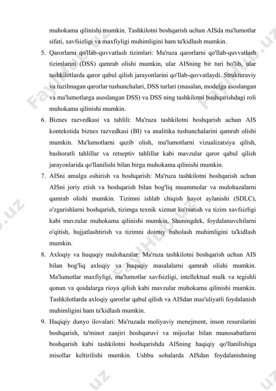 mumkin. 7. aisni amalga oshirish va boshqarish: ma'ruza tashkilotni boshqarish uchun aisni joriy etish va boshqarish bilan bog'liq muammolar va mulohazalarni qamrab olishi mumkin. tizimni ishlab chiqish hayot aylanishi (sdlc), o'zgarishlarni boshqarish, tizimga texnik xizmat ko'rsatish va tizim xavfsizligi kabi mavzular muhokama qilinishi mumkin. shuningdek, foydalanuvchilarni o'qitish, hujjatlashtirish va tizimni doimiy baholash muhimligini ta'kidlash mumkin. 8. axloqiy va huquqiy mulohazalar: ma'ruza tashkilotni boshqarish uchun ais bilan bog'liq axloqiy va huquqiy masalalarni qamrab olishi mumkin. ma'lumotlar maxfiyligi, ma'lumotlar xavfsizligi, intellektual mulk va tegishli qonun va qoidalarga rioya qilish kabi mavzular muhokama qilinishi mumkin. tashkilotlarda axloqiy qarorlar qabul qilish va aisdan mas'uliyatli foydalanish muhimligini ham ta'kidlash mumkin. 9. haqiqiy dunyo ilovalari: ma'ruzada moliyaviy menejment, inson resurslarini boshqarish, ta'minot zanjiri boshqaruvi va mijozlar bilan munosabatlarni boshqarish kabi tashkilotni boshqarishda aisning haqiqiy qo'llanilishiga misollar keltirilishi mumkin. ushbu sohalarda aisdan foydalanishning afzalliklari va cheklovlari, shuningdek, tashkilot faoliyati va raqobatbardoshlikka ta'siri muhokama qilinishi mumkin. xulosa qilib …