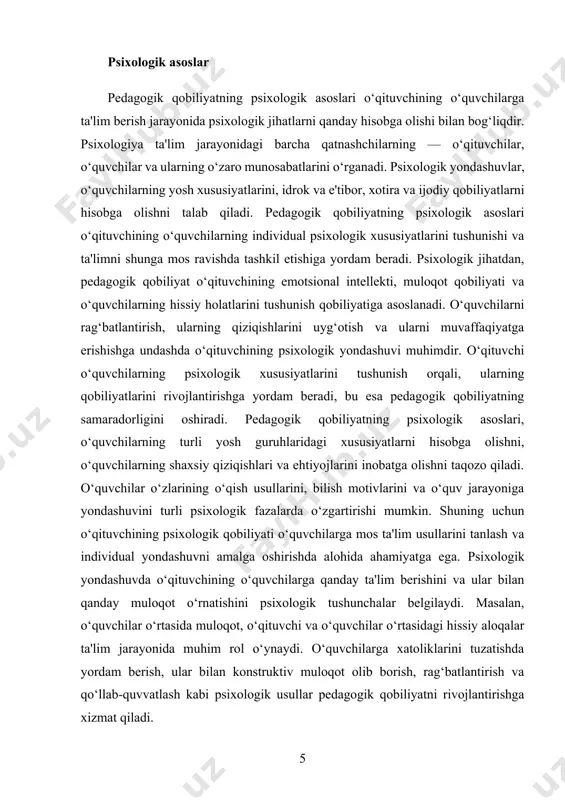 ijtimoiy jihatdan ham rivojlanishiga xizmat qiladi. bu jarayonda o‘qituvchi o‘quvchilarning individual xususiyatlarini inobatga olish, ularga mos ta'lim usullarini qo‘llash, shuningdek, ta'limni yanada samarali tashkil etish uchun zarur ko‘nikmalarni egallash kerak. pedagogik qobiliyatning asosiy tarkibiy qismlaridan biri — o‘qituvchining bilim darajasi va uning o‘quvchilarni qiziqtirish, motivatsiya berish qobiliyatidir. o‘qituvchi o‘z bilimlarini faqat nazariy emas, balki amaliy tarzda o‘quvchilarga yetkazish, ularning o‘rganish jarayoniga faol jalb qilish va ular bilan muloqotda bo‘lishi zarur. o‘qituvchi o‘z pedagogik qobiliyati orqali o‘quvchilarning qiziqishlarini uyg‘otadi, ularni faoliyatga undaydi va ta'limni samarali olib boradi. shuningdek, pedagogik qobiliyatning ta'lim jarayonidagi roli o‘qituvchining psixologik yondashuviga bog‘liq. o‘quvchilar turli yoshdagi va turli psixologik xususiyatlarga ega bo‘lgan shaxslar bo‘lib, har birining o‘ziga xos ehtiyojlari, qiziqishlari va imkoniyatlari mavjud. o‘qituvchi bu xususiyatlarni inobatga olgan holda, ta'limni individual ravishda tashkil etish, o‘quvchilarning rivojlanishiga mos uslublar va metodlarni qo‘llashni bilishi kerak. pedagogik qobiliyatning bu jihati o‘quvchilarni rag‘batlantirish, ular bilan hissiy va ma'naviy aloqa o‘rnatish, o‘quvchilarning …