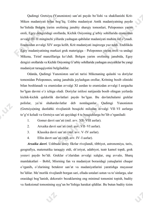 lakatlari – bobil, misrning fan va madaniyat borasidagi yutuqlarini chuqur o’rganib, o’zlarining betakror san’at va madaniyatlarini yaratishga muyassar bo’ldilar. me’morlik rivojlanib borgan sari, ellada ustalari ustun va to’sinlarga, ular orasidagi bog’lanish, dekorativ bezaklarning eng minimal tomonini topish, badiiy va funksional tomonining uyg’un bo’lishiga harakat qildilar. bu butun badiiy tizim order nomini oldi, order keyinchalik gretsiya me’morchiligining asosiy xususiyatini belgilovchi muhim tomonga aylandi. ellada me’morlari amaliyotda uchta order tipidan foydalanganlar. grek me’morchiligining asosiy orderlari doriy va ion orderi hisoblanadi. doriy orderi, asosan, peloponnes va buyuk gretsiya (sitsiliya shunday deb atalgan), ion orderi ioniya deb nomlangan kichik osiyo sohillarida ko’proq ishlatilgan. klassika davri. eramizdan avvalgi v asrga kelib, gretsiya o’zining siyosiy, iqtisodiy va madaniy taraqqiyotining eng yuksak bosqichiga ko’tarildi. bu davr klassika davri deb yuritiladi. klassika davrida yunonistonda san’at va madaniyat nihoyatda rivoj topdi. me’morlik, haykaltaroshlikda shu davrdan bizgacha ko’pgina yodgorliklar yetib kelgan. klassika davrida afina akropoli o’zining tugal ko’rinishini egalladi. afinaning …