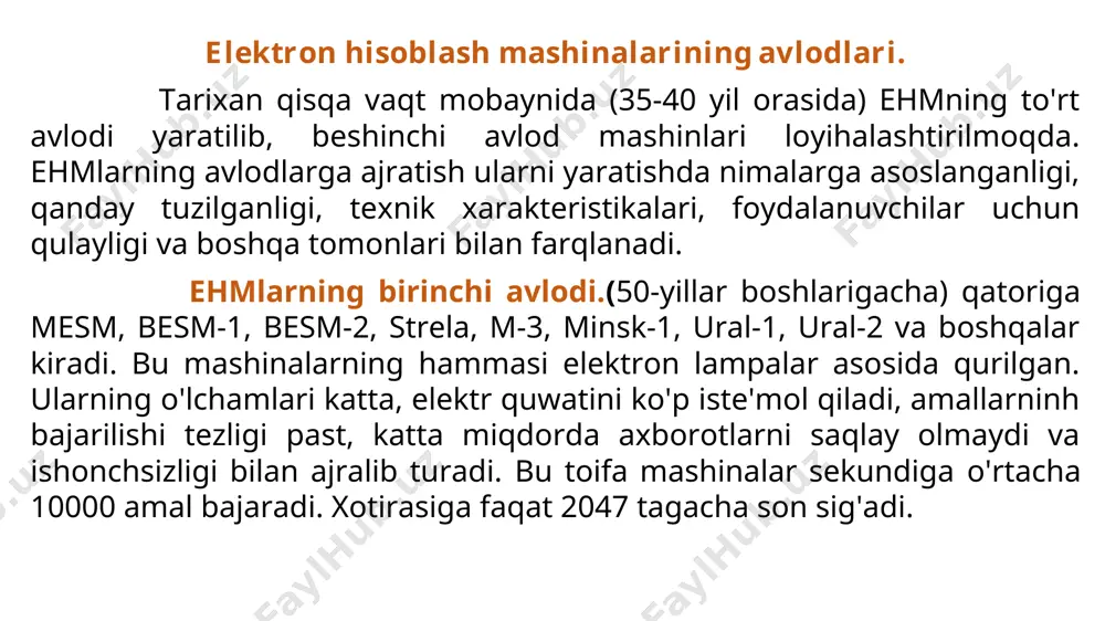 , bir sekundda bajaradigan amallar tezligi, ma’lumotlarning razrad to`rida (yacheykalarda) tasvirlanishiga qarab, besh guruhga bo`lish mumkin: - super kompyuterlar (super computer); blok kompyuterlar (manframe computer); - mini kompyuterlar (minicomputer); shaxsiy kompyuterlar (pc-personal computer); - bloknot(noutbook) kompyuterlar. super kompyuterlar (top 500 kompyuterlar)-juda katta tezlikni talab qiladigan va katta hajmdagi masalalarni yechish uchun mo`ljallangan bo`ladi. bunday masalalar sifatida ob-havoning global prognoziga oid masalalarni, uch o`lchovli fazoda turli oqimlarning kechishini o`rganish masalalari, global informatsion sistemalar va hokazolarni keltirish mumkin. hozirgi vaqtda eng kuchli super kompyuter ibm kompaniyasining summit kompyuteri hisoblanadi blok kompyuterlar (manframe computer)-fan va texnikaning turli sohalariga oid masalalarni yechishga mo`ljallangan. ularning amal bajarish tezligi va xotira hajmi super kompyuterlarnikiga qaraganda bir-ikki pog`ona past. bularga misol sifatida aqshning cray (krey), ibm 390, 4300, ibm es/9000, fransiyaning borrous 6000, yaponiyaning m1800 rusumli kompyuterini va boshqalarni misol qilib keltirish mumkin. noutbuk kompyuterlar. noutbuk kompyuterlar hajmi ancha ixcham bo`lib, ammo bajaradigan amallar soni, xotira hajmi …