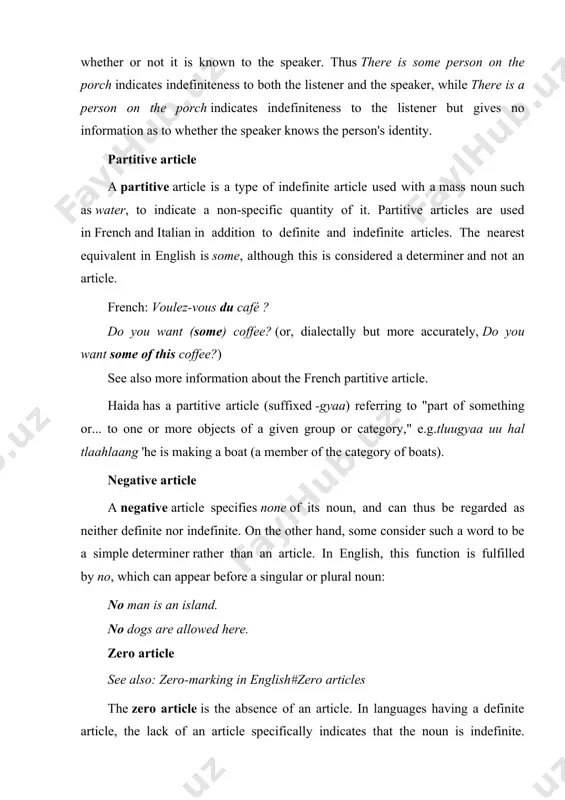 ese, indonesian,japanese, hindi and russian. linguists believe the common ancestor of the indo-european languages, proto indo-european, did not have articles. most of the languages in this family do not have definite or indefinite articles; there is no article in latin, sanskrit, persian, nor in some modern indo-european languages, such as the baltic languages and mostslavic languages. although classical greek has a definite article (which has survived into modern greek and which bears strong resemblance to the german definite article), the earlier homeric greek did not. articles developed independently in several language families. not all languages have both definite and indefinite articles, and some languages have different types of definite and indefinite articles to distinguish finer shades of meaning; for example, french and italian have a partitive article used for indefinitemass nouns, while colognian has two distinct sets of definite articles indicating focus and uniqueness, and macedonian uses definite articles in …