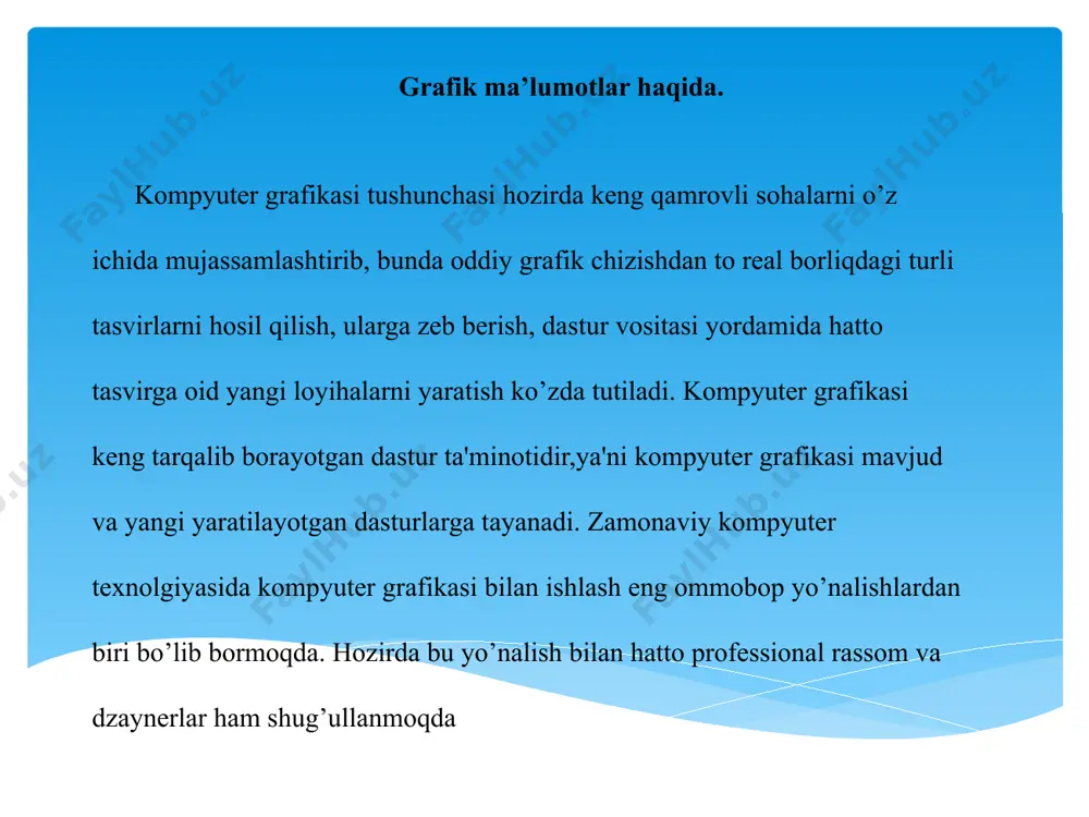 q’langan. agar ko’zning to’zilishini fotoapparat, kinoga olish apparati va televizion kamera kabi hozirgi zamon optikaviy apparatlarining to’zilishi bilan taqqoslasak ular orasida o’xshashlik borliqini sezishimiz mumkin. biror bir ranglar aralashmasidan olish mumkin bo’lmagan ranglar asosiy ranglar deyiladi. qizil, yashil va ko’k ranglar–asosiy ranglar hisoblanadi. ularni bir hil aralashtirsak oq hosil bo’ladi. rang spektorlarni 12xil ranglarni hosil qiladi i. adobe photoshop dasturida ishlash rasmlar bilan ishlash. adobe photoshop dasturida ishlash rasmlar bilan ishlash. -rasm. adobe photoshop tasvir tahrir qiluvchi darcha adobe photoshop darchasining yuqori qismida sarlavha satri va windowsra xos -lementlar joylashadi. sarlavha satridan so'ng menyu satri joylashadi. vlenyudagi kerakli buyruqlarni tanlashingiz mumkin. fayl (file) menyusi tarkibi новый (ctr+n) открыть (ctrl+o) открыть как (alt+ctrl+o) сохранить (ctrl+s) сохранить как (shift+ctrl+s) viobe photoshop dasturi menyusi 9 banddan iborat. har bir menvu tarkibida ochiladigan menyu bandlari mavjud. ularni ko'rish yordamida amalga oshiriladi. quyida asosiy menyu va eng ko'p qo'llaniladigan buyruqlarning qisqacha tavsifi keltiriladi. adobe photoshop …