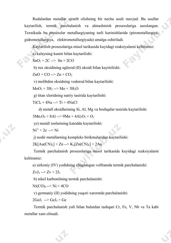 ar odatdagi sharoitda o'ziga xos yaltiroklikka ega bo'lgan qattiq jismlardir. metallarning fizikaviy xossalari jumlasiga ularning optikaviy, termikaviy, mexaniqaviy, elektr va boshqa xossalari kiradi. metallarning xossalari - ularning yaltirokligi va shaffof emasligidir. alyuminiy va magniy yaxlit xolatda xam, kukun xolatda xam yaltirok metall, boshqa metallar esa faqat tekis sirtli yaxlit xolatdagina yaltirok bo'lib, kukun xolatda yaltirok emas. kumush, palladiy va indiy eng kup metall yaltiroklikka ega. shuning uchun xam kumush va palladiy kuzgu ishlab chikarishda ishlatiladi. kup metallar to'q kulrang bilan ok kumushrang orasidagi tusga ega. oltin va seziy sarik, vismut kizgish, mis to'q pushti rangga ega. metallarning buglari alangani malum tusga buyaydi. masalan, natriy - sarik, kaliy – binafsha rangga, stronsiy - qizil, kalsiy - kovok rangga buyaydi. bu xodisa asosida spektral analiz usuli yaratilgan. yerdagi va kosmosdagi moddalarning atom spektorlarini tekshirish natijasida usha moddalarning ximiyaviy tarkibi aniqlaniladi. barcha utkazgichlar ikki gruppaga bulinadi: 1) elektron - utkazgichlar (metall va yarim …