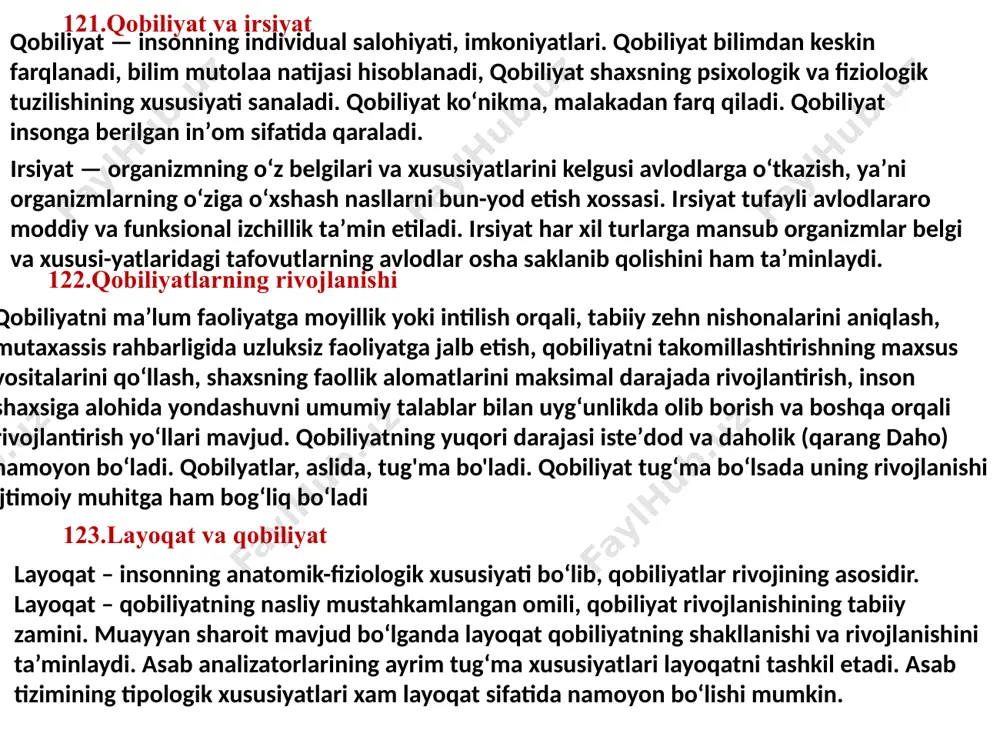 ettirishning asosiy shakllari: sezish, idrok qilish, esda olib qolish, qayg‘urish, fikrlash, xayol surish, qaror qabul qilish va amalga oshirish kiradi. bu qobiliyatlarning boshlang‘ich ifodalari mos bo‘lgan sensor, mnemik, tafakkur, irodaviy samaralar bilan bajariladigan psixik harakat. mashqlar natijasida u muvofiq ko‘nikmaga aylanishi mumkin. maxsus boshlang‘ich qobiliyatlar – bu qobiliyatlar barcha odamlarga xos bo‘lmay, ular psixik jarayonlarning qandaydir sifat tomonlarining ma’lum ifodalanishini taqazo etadi. 125.talantning paydo bo‘lishi va tuzilishi talantning ijtimoiy tarixiy tabiiy nuqtai nazardan talqini qobiliyatlar taraqqiyotining yuksak bosqichi ekanligidan dalolat beradi. talant (yunoncha talanton qimmatbasho, noyob narsa, irsiy, tabiiy xislat degan ma'no anglatadi) muayyan faoliyatning muvaffaqiyatli va ijodiy ravishda bajarilishini ta'minlaydigan qobiliyat shamda iste'dodlar majmuasidan (yiqindisidan) iborat individual xususiyatdir. psixologik adabiyotlarda unga turlicha ta'rif berishiga qaramay, ularda asosiy belgilar ta'kidlab o’tiladi, chunonchi, shaxsga qandaydir murakkab meshnat faoliyatining muvaffaqiyatli, mustaqil va original tarzda bajarish imkonini beradigan qobiliyatlar majmuasiga talant deyiladi. 126.emotsional holatlarning fiziologik asoslari emotsional holatlar boshqa ruhiy jarayonlar singari miya …