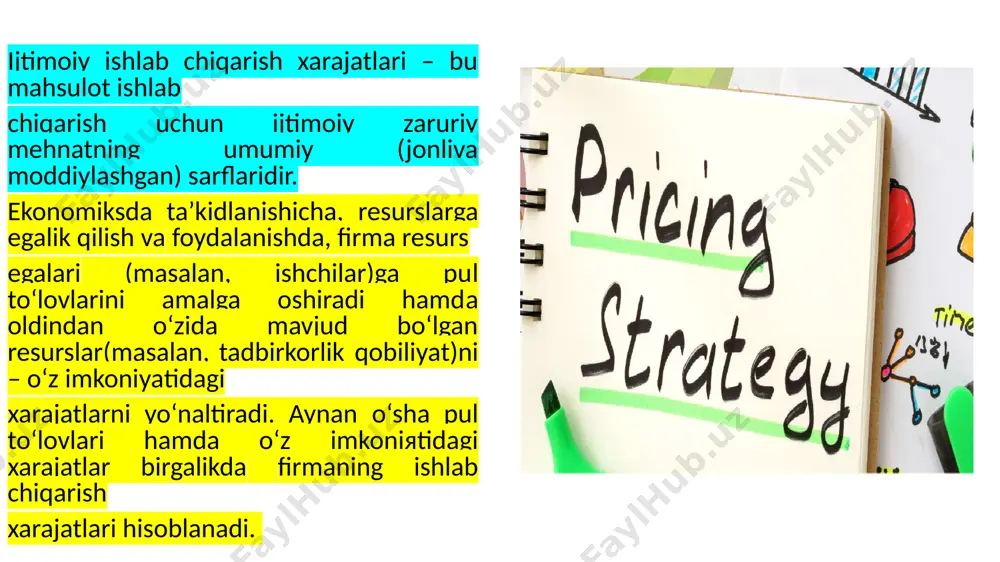 ishlab chiqarish hajmining o‘zgarishiga (qisqarishi yoki ortishiga) ta’sir qilmaydigan xarajatlar doimiy xarajatlar (fixed costs) deyiladi. doimiy xarajatlar (fc) ishlab chiqarish hajmining o‘sishiga bevosita ta’sir etmaydi va ishlab chiqarishning har qanday, hatto nolinchi hajmida ham mavjud bo‘ladi. bunga korxonaning to‘lov majburiyatlari (qarzlar bo‘yicha foiz va boshqalar), soliqlarning ishlab chiqarish hajmiga bog‘liq bo‘lmagan turlari, amortizatsiya ajratmalari, ijara haqi, qo‘riqlash xizmatiga to‘lov, uskunalarga xizmat ko‘rsatish sarflari, boshqaruv xodimlari maoshi va shu kabilar kiradi. image1.jpeg image2.jpeg image3.png image4.jpeg image5.webp image6.jpeg image7.jpeg image8.png image9.jpeg image10.jpeg image11.webp image12.jpeg /docprops/thumbnail.jpeg