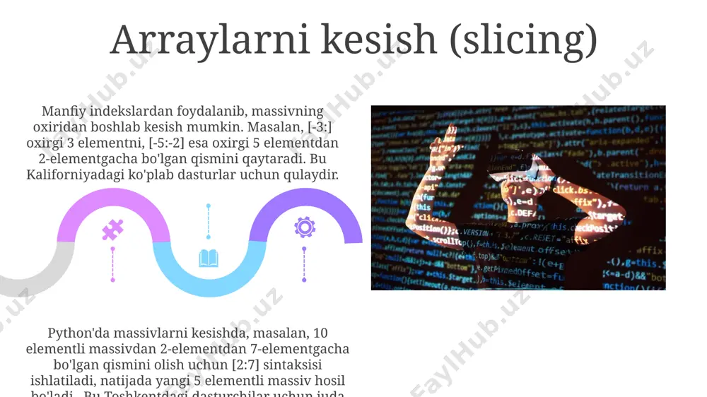 boolean va boshqalar) 1000 ta elementini saqlashi mumkin, arraylar esa faqat bitta ma'lumot turiga (masalan, butun sonlar) ega bo'lib, xotirani samaraliroq ishlatadi, bu esa toshkentdagi katta ma'lumotlarni qayta ishlashda afzallik beradi. arraylar ustida amal bajarish (qo'shish, ayirish, ko'paytirish) 5x5 o'lchamli ikkita matritsa ayirmasini hisoblashda, mos keladigan elementlarni ayirish orqali natija hosil qilinadi. agar elementlar soni mos kelmasa, xatolik yuz beradi, masalan, [1,2]-[3,4,5] mumkin emas. bu farg'ona vodiysidagi matematika muammolarini hal qilishda qo'llanilishi mumkin. python da 10 elementli ikki massivni qo'shish uchun, elementlarni mos ravishda qo'shish orqali yangi massiv hosil qilish mumkin, masalan, [1,2,3] + [4,5,6] = [5,7,9] natijani beradi. bu samarqanddagi universitet talabalarining dasturlash topshirig'ida qo'llanilishi mumkin. e'tiboringiz uchun rahmat @taqdimot_robot image4.jpg image5.jpg image6.jpg image7.jpg image8.jpg image9.jpg image10.jpg image11.jpg image12.jpg image13.jpg image14.jpg image15.jpg image16.jpg image17.jpg image18.jpg image19.jpg image20.jpg image1.jpeg image2.jpeg image3.jpeg