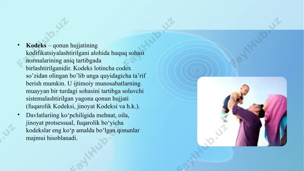 er-xotinning bir birini to`liq tushinishi ularning o`zlarini baxtli his qilishlarini ta’minlaydi, insonning jamiyat va oila doirasida iqtidorini sarflash unga o`zini baxtli his qilish imkonini beradi, o`zidagi tabiiyijodiy imkoniyatlar iqtidorini ro`yobga chiqarish insonga o`zini baxtli his qilish imkonini beradi, har bir shaxs o`ziga vijdonlilik, poklik, halollik kabi ma’naviy-axloqiy fazilatlarini tarbiyalashga e’tibor berishi lozim. 7) oilaning regulyativ vazifasi. oilaning regulyativ vazifasi oila a’zolari o`rtasidagi o`zaro munosabatlarni boshqarish tizimini,shuningdek birlamchi ijtimoiy nazoratni, oilada ustunlik va obro`ni amalga oshirishni o`z ichiga oladi. bunda kattalar tomonidan yosh avloshni nazorat qilish va ularni moddiy hamda ma’naviy jihatdan qo`llab quvvatlash nazarda tutiladi. shu bilan birga oilaning boshqaruv vazifasi oila a’zolarining xulqi, mas’uliyati, majburiyati kabilarni o`z ichiga oladi. 8) oilaning relaksatsiya vazifasi. oilaning relaksatsita vazifasi ruhiy jismoniy quvvatini, mehnat qobiliyatini yana qayta tiklashdan iborat. oilaviy anʼanalar – oilada bola-chaqa, xonadon, urugʻ, avlodlar, er-xotin, ularning nasldan naslga oʻtuvchi, hayotda qaror topgan (topayotgan) udum, urf-odat va boshqa amallar majmuasini ifodalovchi …