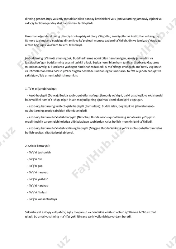 boy gobeleniga hissa qo’shadi. (3)dinning ijtimoiy kontseptsiyasi dinning ijtimoiy tuzilmalar, institutlar va o’zaro anglatadi. sotsiologik nuqtai nazardan, din insoniyat jamiyatining asosiy jihati sifatida qaraladi, odamlarning o’ziga xosligi, e’tiqodlari va xatti-harakatlarini, shuningdek, jamoalar va jamiyatlarning kengroq madaniy, siyosiy va iqtisodiy dinamikasini shakllantiradi. din ijtimoiy birdamlikda va jamiyat o’ziga xosligini shakllantirishda markaziy rol o’ynaydi. u ko’pincha umumiy qadriyatlar, me’yorlar va marosimlar manbai bo’lib xizmat qiladi, bu odamlarni bir-biriga bog’laydi va tegishlilik va maqsad tuyg’usini yaratadi. diniy jamoalar ijtimoiy yordam, tarmoqlar va jamoaviy harakatlar, xayriya va ijtimoiy farovonlik faoliyati uchun platformani taqdim etadi. shu bilan birga, din ijtimoiy tabaqalanishga, kuchlar dinamikasiga va jamiyatlar ichidagi tengsizlikka hissa qo’shishi mumkin. diniy institutlar va rahbarlar siyosiy va ijtimoiy tuzilmalarga, siyosat, qonunlar va axloqiy asoslarni shakllantirishga sezilarli ta’sir ko’rsatishi mumkin. ayrim hollarda din kamsitish, ziddiyat va zulmni oqlash va davom ettirish uchun ishlatilgan. dinning ijtimoiy kontseptsiyasi diniy tashkilotlar va ularning ta’lim, iqtisodiyot va huquq tizimi kabi boshqa …