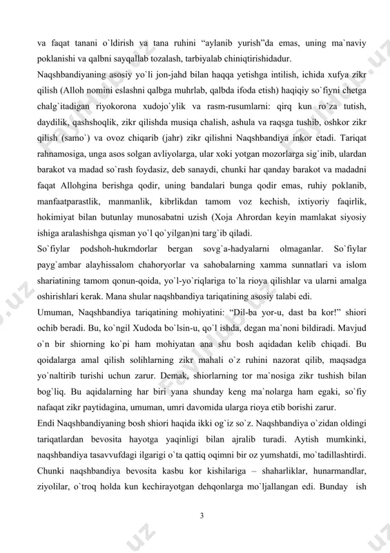 ishda, degan ma`noni bildiradi. mavjud o`n bir shiorning ko`pi ham mohiyatan ana shu bosh aqidadan kelib chiqadi. bu qoidalarga amal qilish solihlarning zikr mahali o`z ruhini nazorat qilib, maqsadga yo`naltirib turishi uchun zarur. demak, shiorlarning tor ma`nosiga zikr tushish bilan bog`liq. bu aqidalarning har biri yana shunday keng ma`nolarga ham egaki, so`fiy nafaqat zikr paytidagina, umuman, umri davomida ularga rioya etib borishi zarur. endi naqshbandiyaning bosh shiori haqida ikki og`iz so`z. naqshbandiya o`zidan oldingi tariqatlardan bevosita hayotga yaqinligi bilan ajralib turadi. aytish mumkinki, naqshbandiya tasavvufdagi ilgarigi o`ta qattiq oqimni bir oz yumshatdi, mo`tadillashtirdi. chunki naqshbandiya bevosita kasbu kor kishilariga – shaharliklar, hunarmandlar, ziyolilar, o`troq holda kun kechirayotgan dehqonlarga mo`ljallangan edi. bunday ish odamlari esa tirikchiliklaridan voz kechib, tariqat bilangina mashg`ul bo`lsalar, ularga hech kim o`z-o`zidan bir burda non keltirib bermas edi. tasavvufdagi ko`p tariqatlar tartib-qoidasiga ko`ra, zikr tushish jamoa bo`lib, baland ovoz, ya`ni jahriya usuli bilan amalga oshiriladi. ba`zi tariqatlarda …