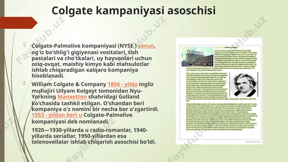 sotiladigan mahsulot. 1976 - yilda uy hayvonlari uchun parhez ovqatlanish paydo bo'lishi bilan colgate-palmolive uy hayvonlari uchun parhez ovqatlanishga ixtisoslashgan hill's pet products kompaniyasini sotib olgandan so'ng uy hayvonlari uchun oziq-ovqat biznesini kengaytira boshladi. kompaniya muntazam ravishda yangi mahsulotlarni chiqardi: 1972 - yilda irish spring deodorant sovuni, 1981- yilda colgate winterfresh gel tish pastasi, 1986 - yilda idishlarni yuvish uchun suyuqlik. 1990-yillar yangi brendlarni sotib olish, assortimentni yangilash va biznesni har tomonlama mustahkamlash bilan ajralib turdi (shunga o'xshash strategiya unilever tomonidan qabul qilingan). 1990 - yilda kompaniya javex (oqartuvchi) brendini sotib oldi va colgate-palmoliveni aqshdan tashqarida sayqallash bo'yicha birinchi o'ringa olib chiqdi. 1991- yilda colgate-palmolive qo'shma shtatlardagi yog'och tozalash bo'yicha yetakchi kompaniya bo'lgan murphy oil soap biznesini sotib oldi. 1992 - yilda mennen colgate-palmolive korporatsiyasining bir qismi bo'lib, uni tana parvarishi mahsulotlari bozorida yetakchilardan biriga aylantirdi. kompaniya, shuningdek, global miqyosda rivojlandi va o'sdi; masalan, 1992 - yilda kompaniya o'z chegaralarini …