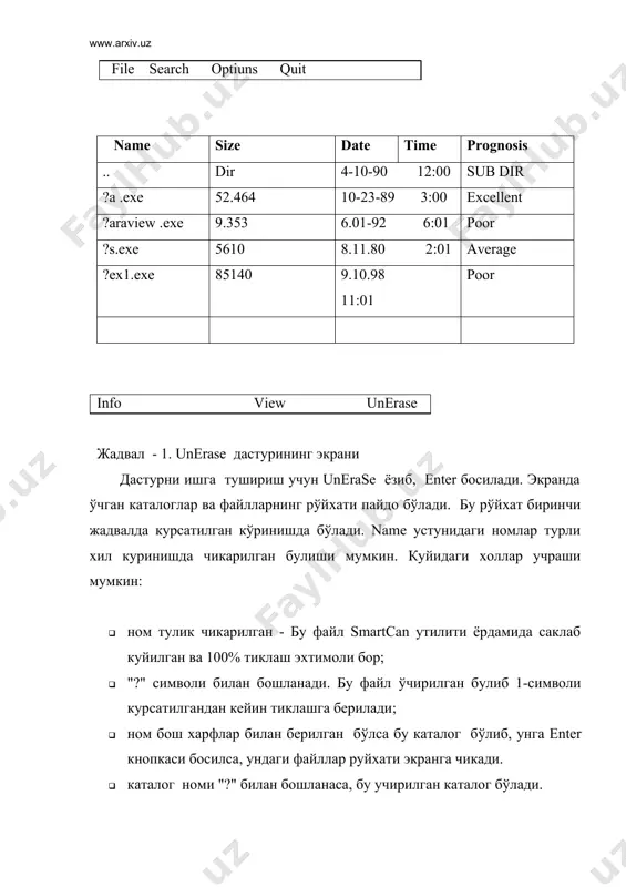 лоқот ойнаси хосил бўлади . бу ойнада текширилиши керак бўлган номларини танлаш механизми акс эттирилган. текшириш икки – стандарт (стандартная) ёки тўлиқ (полная) режимда бажарилиши мумкин. бу режимлардан кераклиги ва хатоликларни автоматик тугрилаш (исправлять ошибки автоматически) холати танланиб запуск тугмаси босилади. дискни дефрагментация қилиш (defrag).маълум вакт ўтгандан сунг купчилик файллар фрагментларга ажратилади ва улар дискнинг хар хил булакларида жойлашиб колади, бу эса файлни ўкиш ва саклаш ишларини секинлаштиради. файлларни бир жойга тўплаш ва уларни сиқиш жараёни дефрагментация деб юритилади ва бу жароён файлларни ёзиш ва ўкишни тезлаштириш имконини беради. файлларни дефрагментация қилиш – дефрагментация диска /defrag дастури ёрдамида амалга оширилади. бу дастур ишлаганда, экранда дефрагментация ойнаси очилади ва дефрагментация жараени кандай кечаётгани процентларда курсатилиб турилади. фойдаланилган адабиетлар: 1. информатика. базовый курс. под редакцией с.в.симоновича санк-петербург. 2001г. 2. в. пассиков. защита компьютерной информации. м.: наука 2001г. 3. информатика . под редакцией проф. н.в.макаровой м.: 1997г. 4. ахборот тизимлари ва технологиялари. акад.с.гуломов …