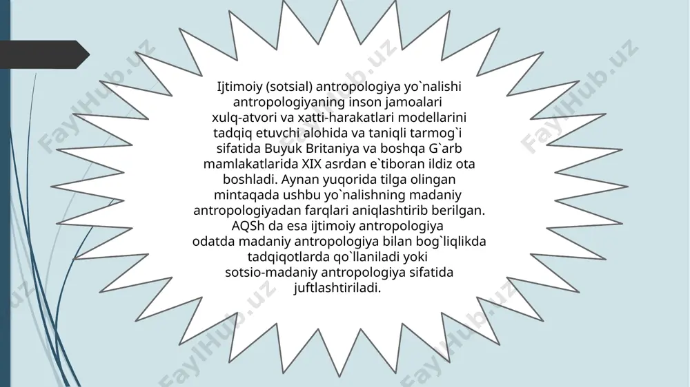 shi lozim . bu xamma joyda va har qanday davrda o‘zini ko‘rsata qolishi kerak. ijtimoiy antropologiya metodlari ijtimoiy antropologiya metodlari 4. asoslanganlik : fan qoidalari asoslangan xolda bo‘lishi lozim . asoslanish har qanday davrda ham kerak bo‘ladi. asoslanish xaqiqatni yuzaga chiqarishning eng maqbul yo‘lidir. 5. sababiylik va o‘zaro aloqadorlik : fan o‘zaro aloqadorlik sabablarini umumiylik bilan bog‘langan mazmunini aniqlashi kerak bo‘ladi. 6. prognozlash: fan sinalgan va umumiy qoidalar asosida o‘zaro ta’sir munosabatlarini oldindan aytib bera olishi kerak bo‘ladi. bu borada fan o‘zi o‘rnatgan qoidalar asosida masalaga yondashib sabab ehtimolik asosida ishontira olishi lozim. olimlar umumiylik va o‘zgarmaslikga fan qoidalari qanchalik ta’sir eta olishini bilishadi. foydalanilgan adabiyotlar: 1. hendry, joy. an introduction to social anthropology: other people`s worlds. london. 1999. 2. dianteill, erwan, cultural anthropology or social anthropology? a transatlantic argument. 2012. 3. bernard, r. research methods in anthropology. lanham: alta mira press. 2006. 4. sumananthromaterials.blogspot.com. anthropology for beginners: social and …