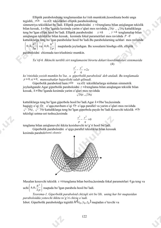 i. teorema-1. giperbolik paraboloid chiziqli sirt bo’lib, uning har bir nuqtasidan paraboloidda yotuvchi ikkita to’g’ri chiziq o’tadi. isbot. giperbolik paraboloidga tegishli nuqtadan o’tuvchi va tenglamalar bilan aniqlangan to’g’ri chiziq paraboloidda yotishi uchun tenglik parametrning har bir qiymatida bajarilishi kerak.bu tenglikni ko’rinishda yozib,undan va tengliklarni hosil qilamiz.bu tengliklardan yo’nalish uchun munosabatni hosil qilamiz.bu erda tenglik bajarilgan.demak giperbolik paraboloidning har bir nuqtasidan unda yotuvchi ikkita to’g’ri chiziq o’tadi.bu to’g’ri chiziqlarning parametrik tenglamalarini (5) ko’rinishda yozish mumkin.bu parametrik tenglamalarda munosabat bajarilsa, bo’lganda (5)to’g’ri chiziqlar tekislikni kesib o’tadi. bu tekislikda va (6) tenglamalar bilan aniqlanuvchi to’g’ri chiziqlar ham yotadi.demak (5) to’g’ri chiziq (6 ) to’g’ri chiziqlarning bittasini kesib o’tadi.buni aniqlash uchun (5) ifodalarni (6) tenglamalarga qo’ysak tenglikni olamiz.demak (5) to’g’ri chiziq (7) to’g’ri chiziqni kesib o’tadi.bu to’g’ri chiziqning parametrik tenglamalarini ko’rinishda yozish mumkin. yuqoridagi (5) va (7) to’g’ri chiziqlarning kesishish nuqtada kesishadi va bu nuqtaga parametrning qiymati mos keladi. agar belgilashni kiritib, (5) to’g’ri …