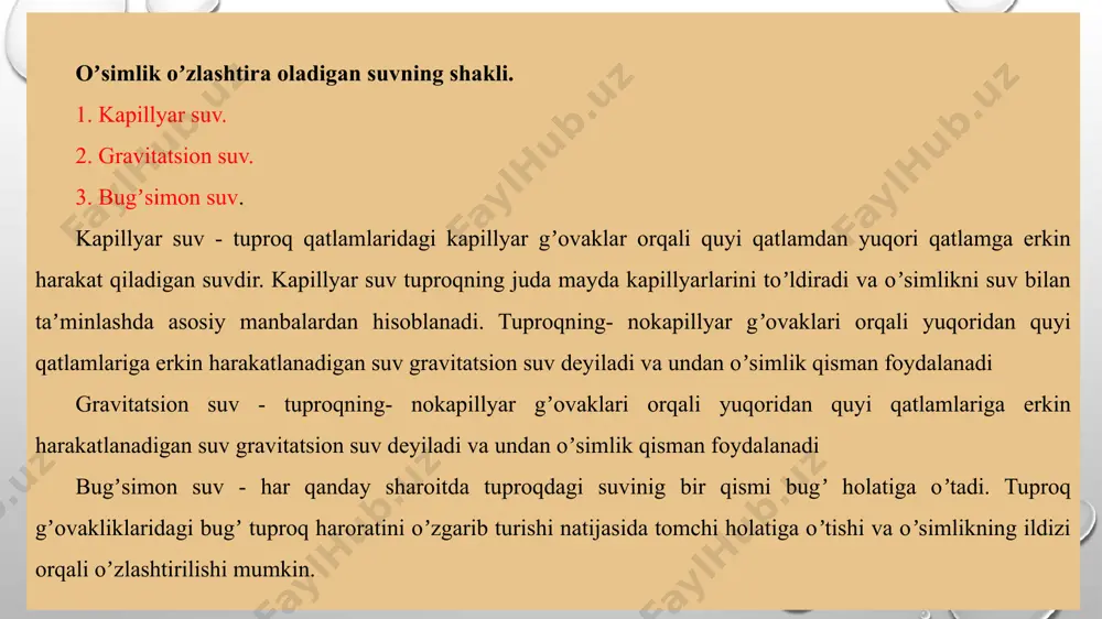 k tarkibiga, donadorligiga va qatlam zichligiga bog‘liq bo‘ladi. tuproqning gigroskopikligi deganda uning havodagi suv bug‘larini singdirib olish xususiyati tushuniladi. tuproqning gigroskopikligi gumus, loyqa va kolloid zarrachalarining miqdori va xususiyatlariga bog‘liq bo‘ladi. g’o’za ildizining rivojlanishi tuproqning namligiga bogʼliq holda gʼoʼza ildiz tizimining rivojlanish tavsifi: 1 – namlik yetarlicha emas; 2 – moʼʼtadil namlik sharoitida; 3 – meʼyoridan ortiqcha namlik sharoitida. tuproqning namlanish koeffitsienti tuproqning suv oʼtkazuvchanligi deb yuqoridan pastki qatlamlariga suv oʼtkazish qobiliyatiga aytiladi. kapillyar oraliqlar orqali suvni pastdan yuqoriga koʼtarishiga esa, tuproqning suv koʼtarish xususiyati deyiladi. suv oʼtkazuvchanlik va suv koʼtarish tezligi sm/sek, sm/min va sm/soatlarda ifodalanadi. tuproqning suv xossalari uning mexanik tarkibiga, strukturasiga va tuzilishiga bogʼliq boʼladi.
