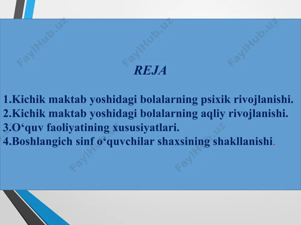 jarayonida mustaqil aqliy mehnat qilish, misol-masalalar yechish, mashqlar bajarish, takrorlash irodaviy zo‘r berish jarayonida ixtiyoriy, ongli diqqat tarkib topadi. a.s.makarenko : «bola uyinda kanday bulsa, ucib ulgaygach ishda xam ko‘pincha kup jixatdan shunday buladi» ( extiyoj , moddiy dunyoga munosabat, uz-uziga munosabat, iroda, xisiy tuygu, bilish jarayonlari…) p.f.lestgafning fikricha, insonning bog‘cha yoshidagi davri shunday bir davrki, ana shu davr mobaynida kelgusida kanday xarakter xislatlari paydo bo‘lishi belgilanadi va axlokiy sifatlarining asoslari yuzaga keladi. o‘quv faoliyatining xususiyatlari kichik maktab yoshidagi bola o‘qituvchisi bilan yaxshi emotsional munosabatda bo‘ladi. shu davrgacha bevosita kattalar rahbarligida u yoki bu axborotlarni uzlashtirib kelgan bo‘lsa, endi o‘z xohish irodasi bilan zarur maʼlumotlar to‘plashga, o‘z oldiga aniq maqsad va vazifa qo‘yishga harakat qiladi. bunday pedagoglar o‘quvchilarning qiziqishlari asosida emas, balki asosan o‘quv rejasi asosida dars o‘tadilar. dars davomida ham bahs-yunozara uchun deyarli imkoniyat yaratilmagan holda asosan o‘qituvchining fikri singdiriladi. o‘quvchilari bilan muomala munosabatda ham ularning individual psixologik xususiyatlari, …