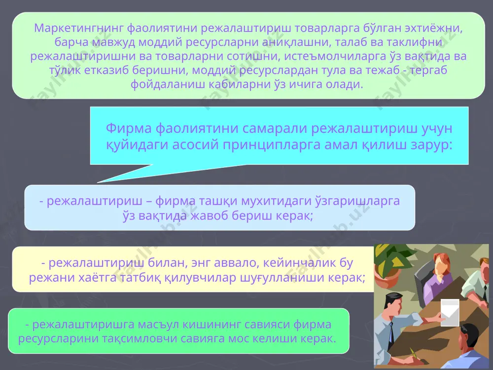махсулот ассортиментини режалаштириш – бўлажак истеъмолчилар гурухини ва улар талабини аниқлаш, махсулотни техник кўрсаткичларини ва истеъмол қийматларини мувофиқлаштириш, унинг рақобатбардошлигини бахолаш, упаковкани (ўрам) ривожлантириш, товар турларини янгилаш ва бошқаларни ўз ичига олади; товар харакати йўналишларини ва сотишни режалаштириш – товарлар оқими йўлларини, қанча захирага эхтиёж борлигини, транспорт орқали ташиш, қайта упаковка (ўрам) қилиш, товар оборот ва сотишдан кейинги хизмат қилиш кабиларни аниқлашдан иборат; кадрлар билан таъминлашнинг режаси – рахбарият ва мутахассисларни жой-жойига қўйиш, кадрларни тайёрлаш ва малакасини ошириш, маслахатчиларни ёллаш, бошка корхоналар тажрибасини ўрганишни ўз ичига олади. молиявий кўрсаткичларни режалаштириш – шу жумладан; маркетинг харажатларини аниқлаш, бахони белгилаш (талаб харажатлар, рақобатчилар, маркетинг тадбирларидан олинадиган даромадга асосланиб) ни ташкил этади; реклама ва сотишни рағбатлантиришни режалаштириш – реклама воситаларини танлаш, сотувчиларни ва харидорларни рағбатлантириш усулларини аниқлаш, рақибларга таъсир кўрсатиш йўлларини бахолаш демакдир; маркетинг режаси асосан қуйидаги синфларга ажратиш мумкун: қўлланишига қараб; тузиш услубига қараб. муддатларига қараб; муддатига қараб маркетинг режаси: қиска муддатли …