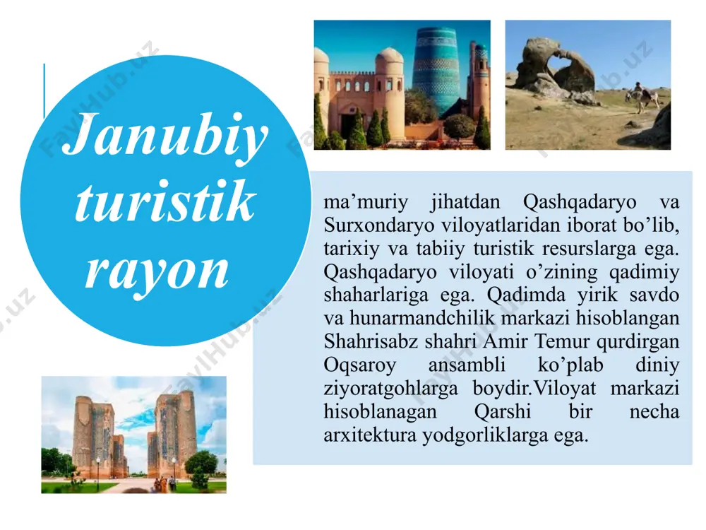 jarqo`rg`on minorasi xii asr boshi. hozirgi jarqo`rg`on tumanining alisher navoiy nomidagi jamoa xo`jaligida joylashgan. o`rta osiyoning shu turdagi minoralari orasida o`zining jimjimador o`n olti tutamlik yarim ustuni bilan ajralib turadi. bu ustunlar qavariq, (qovurg`a) shaklida bo`lib, yuzasi yotiq kesimda ko`p yaproqli gulga o`xshaydi. quyiga tusha borgan sari qavariqlar go`yo yig`ilib ketganday tuyuladi. yuqori qismida esa ular ravoqchalar zanjiri va enli epigrafik hoshiya bilan jipslashgan. minora asosi baland sakkiz qirrali kursiga o`rnatilgan. har bir qirraning markazida xushbichim ravoqli tahmonlar bor. ana shu tahmonlardan bittasi janubiy-g`arbiy qirrada minora ichki aylana zinasiga olib chiqadi. oqsaroy xiv asr. 1378-1379 yillarda amir temur xorazmdagi barcha usta va hunarmandlarni keshga keltirib, shaharda ulkan obodonlashtirshi ishlarini olib borgan va o`z davri uchun tengi bo`lmagan oqsaroyni qurdirgan. oqsaroy poydevoriga qo`yilgan dastlabki g`ishtlar oltin qumdan tayyorlangan. saroy bezaklari orasiga alloh taologa hamdu sanolar va amir temurga maqtov so`zlari bitilgan. hazrati imom maqbarasi xiv asr. 1384 yilda amir temur avliyo …