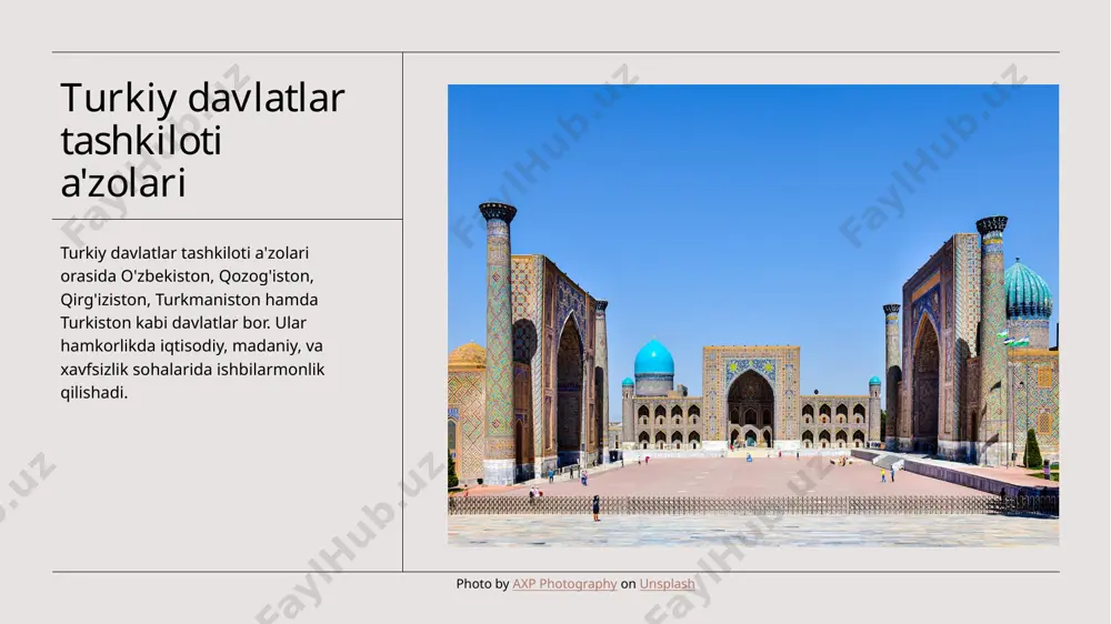 lik sohalarida birgalik yaratadi. iqtisodiy rivojlanish siyosat sohasidagi o'zgarishlar iqtisodiy rivojlanishga intilishni ta'minlaydi. investitsiyalar va innovatsiyalar rivojlanishni yanada kuchaytiradi. xavfsizlikni ta'minlash xavfsizlik sohasidagi o'zgarishlar mamlakatning himoyasini ta'minlaydi. xavfsizlik sohasidagi ishonch va islohatchilar o'rtasida hamkorlikni kuchaytiradi. turkiy davlatlar tashkiloti: texnologiyalar va rivojlanish 01 texnologiyalar va rivojlanish turkiy davlatlar tashkilotining muhim maqsadi - texnologiyalar va rivojlanish sohasida hamkorlikni kengaytirishdir. bu, innovatsiyalar va yangiliklarni o'z ichiga oladi. 02 hamkorlik va inteqrasiya turkcha gaplashuvchi davlatlar texnologiyalar sohasida hamkorlik qilish bilan yangiliklarni tez ravishda amalga oshirishadi va soha bo'yicha integratsiyani mustahkamlashadi. 03 sanoat sohasidagi texnologiyalar turkiy davlatlar tashkilotining sanoat sohasidagi texnologiyalar bo'yicha hamkorlik faoliyati sanoatning rivojlanishiga ta'sir qiladi va o'sishini rag'batlantiradi. 04 bilim va ta'lim sohasidagi yangiliklar turkcha gaplashuvchi davlatlar o'rtasidagi bilim va ta'lim sohasidagi yangiliklar, texnologiyalar va rivojlanish bilan mustahkamlashtirilgan ta'lim tizimini o'z ichiga oladi va rivojlanishni tezlashtiradi. xulosa xalqaro hamkorlik xalqaro hamkorlik turk dunyosidagi davlatlar orasida mustaqil va barpo etilgan munosabatlarni o'z ichiga …
