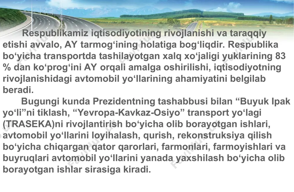 qa bir qator ishlar rejalashtirilgan. 2015 yil 16 martdagi 2015-2019 yillarga mo'ljallangan bugungi kunda oʻzbekiston respublikasi avtomobil yoʻllari tarmogʻining umumiy uzunligi 184 000 km ga yaqin boʻlib, shundan umumiy foydalanishdagi avtomobil yoʻllari 42530 km ni, ichki xoʻjalik yoʻllari 79465 km ni, shaharlar, tuman markazlari va aholi yashash joylari yoʻllari va koʻchalari 61788 km ni tashkil qiladi. umumiy foydalanishdagi avtomobil yoʻllarining rivojlanishi 1-rasmdagi grafikda yaqqol aks ettirilgan. 1-rasm. umumiy foydalanishdagi avtomobil yoʻllari tarmogʻining rivojlanish dinamikasi respublika mustaqilligidan keyingi yillarda (1991‑2009 yy.) umumiy foydalanishdagi avtomobil yoʻllari tarmogʻida sezilarli oʻzgarishlar yuz berdi. yoʻl tarmogʻining umumiy uzunligi 2702 km ga oʻsdi, yoʻllarning qoplamalari takomillashtirildi, yoʻllarni ahamiyati boʻyicha ham oʻzgarishlar yuzaga keldi. oʻzbekiston hududining 22 foizdan ortigʻi togʻli tumanlardan iboratdir. togʻli yerlarning murakkab relyefi avtomobilni xavfsiz harakati va ishlash tartibiga taʼsir qiladi. bunday noqulay yoʻl sharoitlari transport vositalarining xavfsiz harakatlanishiga va tezlikka, plandagi kichik radiusli egriliklar va katta boʻylama qiyaliklar taʼsir etadi.oʻzbekistondagi togʻli yerlardan oʻtadigan …