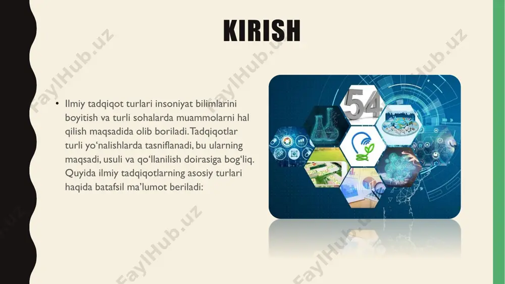 . ular uzoq muddatli natijalar uchun ahamiyatga ega. xususiyatlari: ilm-fanning turli sohalarida nazariy poydevor yaratadi. natijalari bevosita amaliyotga qaratilmasligi mumkin. misol: kosmik fazo haqidagi asosiy bilimlarni rivojlantirish. muammoli tadqiqot • muammoli tadqiqotlar dolzarb va hal qilinishi qiyin bo‘lgan muammolarni o‘rganishga qaratilgan. maqsad – muammoning sabablarini tahlil qilish va echim topish. xususiyatlari: • muammoni kompleks tahlil qiladi. • tizimli yondashuvni talab qiladi. • misol: global iqlim o‘zgarishining sabab va oqibatlarini o‘rganish. innovatsion tadqiqot • innovatsion tadqiqot yangi texnologiyalar va mahsulotlarni yaratishga qaratilgan. bu turdagi tadqiqotlar yangi ixtirolar va yechimlarni amaliyotga tatbiq etishga yordam beradi. xususiyatlari: texnik va texnologik jihatlari ustunlik qiladi. natijasi – yangi mahsulotlar, xizmatlar yoki texnologiyalar. misol: sun’iy intellekt asosida ishlab chiqilgan dasturlarni yaratish. diagnostik tadqiqot • bu tadqiqot turining maqsadi – muammoning mavjud sabablarini aniqlash va ularning ta’sirini baholash. xususiyatlari: amaliy ahamiyatga ega. muammo holatini aniqlash va baholashga yo‘naltiriladi. • misol:aholi orasida sog‘liqni saqlash xizmatlaridan foydalanish darajasini o‘rganish. …