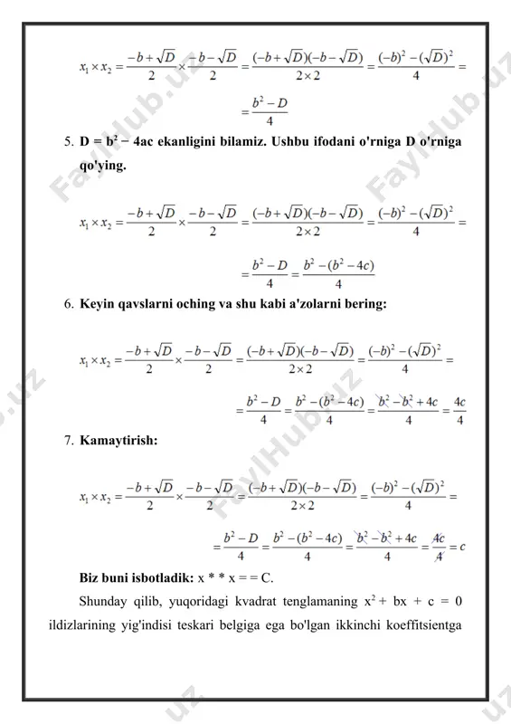 ikkala tenglikka ham mos keladi: shunday qilib, 4 va 2 raqamlari x2 − 6x + 8 = 0 tenglamalarining ildizlari. noma'lum kvadrat tenglama viyet teoremasi faqat kvadrat tenglama berilgan bo'lsa, ya'ni uning birinchi koeffitsienti birlikka teng bo'lganda amalga oshiriladi: ax2 + bx + c= 0, bu erda a = 1. agar kvadrat tenglama berilgan bo'lmasa, lekin vazifa teoremadan foydalanish bilan bog'liq bo'lsa, ikkala qismni x 2 oldida joylashgan koeffitsientga bo'lish kerak 1. quyidagi tenglama chiqdi: 2. x da ikkinchi koeffitsient teng , erkin a'zo — . shunday qilib, ildizlarning miqdori va mahsuloti paydo bo'ladi: 3. keling, o'rganilmagan tenglama misolini ko'rib chiqaylik: 4x2 + 5x + 1 = 0. uning ikkala qismini x2, ya'ni 4 dan oldingi koeffitsientga ajratamiz. 4. yuqoridagi kvadrat tenglama chiqdi. ikkinchi koeffitsient teng va erkin a'zo . 5. keyin viyet teoremasiga muvofiq biz olamiz: 6. tanlash usuli ildizlarni topishga yordam beradi: -1 va har qanday to'liq kvadrat …