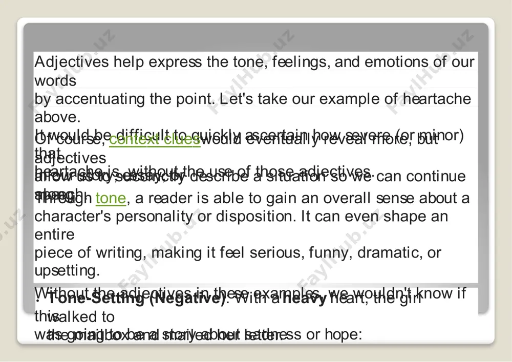 of a short composition. sit back for a while and let the words really sink in. hopefully, these tips will help you not only use adjectives in your own writing, butteach themto your children or students. much like their cousin, theadverb, they add so much to our writing when used properly. for a quick cheat sheet, refer to our printable list of adjectives. this is only a selection of the thousands of adjectives available in the english language, but it should be enough to shift the writer's block you or your students may be feeling the nexttime you need to convey a certain tone, feeling, or emotion! adjectives for tone, feelings and emotions to describe a positive tone fresh open animateddevoted loving sympatheticencouragingsupportive kind clever warm hopeful to describe a negativetone sarcasticnarcissisticheavy bitter obnoxiousfoolish disgruntledhurtful disgusted irritated nasty oppressive anxioushorrifiedannoyed resentful sick guilty downcastoverbearing to describe other tones involvedsardonic intelligent …