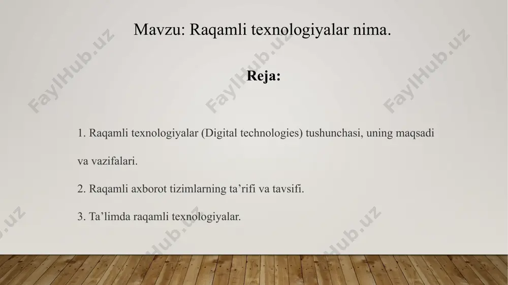 amaliyotda ishlatish esa an’anaviy ho‘jalik yuritish shakllariga nisbatan ancha katta samaradorlikka erishishga imkon beradi. misol sifatida turli xildagi avtomatik ishlab chiqarish jarayonlarini, 3d-texnologiyasini, bulutli texnologiyalarni. masofaviy meditsina xizmatlari ko‘rsatishni, aqlli texnologiyalar yordamida mahsulot yetishtirish va uni yetkazib berishni, turli xildagi tovarlarm saqlash va ularni sotish jarayonlarini keltirish mumkin. raqamli texnologiylarga o‘tish nimani anglatadi? - degan savolga quyidagicha javob berish mumkin: raqamli texnologiyalarga o‘tish deganda, kompuyterlar va bilimlarga asoslangan holda jamiyat va iqtisodiyot rivojlanishining butunlay yangicha turini barpo etishni tushunamiz: • raqamli texnologiyalarga o‘tish jarayonining asosiy tarkibiy qismlari sifatida ma’umotlar bilan ishlashni amalga oshirib beradigan mobil ijtimoiy tarmoqlar, bulutli texnologiyalar. sensor tarmoqlar, buyumlar interneti hamda sun’iy intellekt texnologiyalari misol sifatida ko‘rsatish mumkin: • yuqorida ko‘rsatib o‘tilgan texnologiyalar birgalikda "aqlli" ob’yekt va jarayonlarni (aqlli davlat, aqlli uy. aqlli shahar, sog‘liqni saqlash, transport va tadbirkorlik) yaratishga imkon beradi. 3. ta’limda raqamli texnologiyalar. o‘zbekiston respublikasida taʼlim sohasini raqamlashtirish quyidagi asosiy vazifalar bilan belgilanadi: ta’lim …
