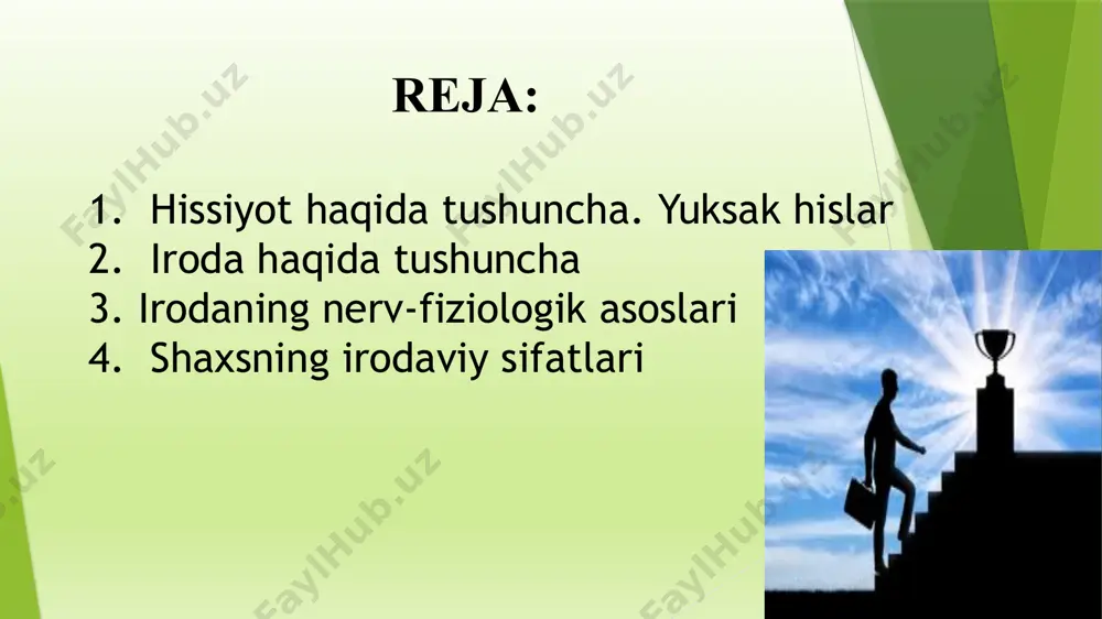 qimli yoki yoqimsiz kechinmalaridir. keltirilgan ta'riflardan ko’rinadiki, hissiyot tushunchasi emotsiyaga nisbatan kengroq tushuncha bo’lib, shaxsning kundalik hayoti, turmush tarzidagi barcha jabhalarni qamrab oladi. hissiyotlar o’zining yuzaga kelishi nuqtai nazaridan odamning ehtiyojlari, qiziqishlari va intilishlari bilan bog’liq bo’ladi. masalan, odamning organik ehtiyojlarini qondirishi bilan bog’liq bo’lgan hissiyotlar odamda rohatlanish, qanoatlanish tuyg’usini yuzaga keltiradi. organik hissiyotlarni qondira olmaslik odamning ruhini tushirib, kayfiyatini buzib, azoblanish, toqatsizlanish hissiga sabab bo’ladi. i.p.pavlov tirik mavjudotlarning atrofimizdagi muhitga moslashuvida hosil qiladigan buziladigan dinamik streotiplar orqali biror hissiyot va emosional kechinmalarning ijobiy va salbiy sifatlarini tushuntirib beradi. dinamik stereotip deganda tashqi qaytarilish natijasida hosil qilingan shartli reflekslar, nerv bog’lanishlarining barqaror tizimi tushuniladi. har turli qiyinchiliklar va qarshiliklarga duch kelishi natijasida dinamik stereotiplarning "o’zgarishi" salbiy emosional holatni yuzaga keltiradi. hissiyot bu uning kechirilishining turli shakllari faqat darak vazifasini emas, balki boshqaruvchilik funksiyasini ham bajaradi. emotsiya harakatlari juda ko’p tana o’zgarishlar ifodalanadi. odam organizmidagi o’zgarishlar kechirilayotgan hissiyotning ob'ektiv ko’rsatkichi hisoblanadi. …