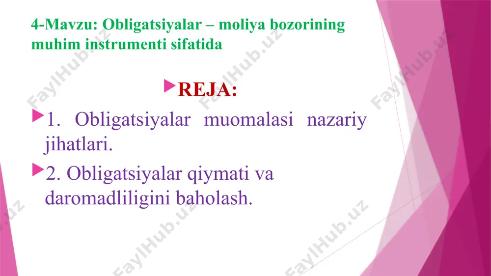 tsiyalarni va boshqa qimmatli qogʻozlarni chiqarishga hamda joylashtirishga haqli; - qimmatli qogʻozlarni, shuningdek, korporativ va infratuzilma obligatsiyalarni chiqarish hujjatsiz shaklda chiqariladi; - emitentning korporativ obligatsiyalarni chiqarish toʻgʻrisidagi qarori qabul qilingan sanadagi, auditorlik tashkiloti xulosasi bilan tasdiqlangan oʻz kapitali miqdori doirasida; - keyingi uch yilda rentabellik, toʻlovga qobiliyatlilik, moliyaviy barqarorlik va likvidlilikning auditorlik tashkiloti xulosalari bilan tasdiqlangan ijobiy koʻrsatkichlariga ega boʻlgan obligatsiya - bu: - emitentning qarz majburiyati; - byudjet daromadlaridan oshgan xarajatlar qismini moliyalashtirish manbai; - aksiyadorlik jamiyatlari investitsiya loyihalarini moliyalashtirish manbai; - aholi va korxonalar uchun qoʻshimcha daromad olish manbai. obligatsiyalar tasnifi emitent turiga koʻra: 1. davlat obligatsiyalari 2. munitsipal obligatsiyalar 3. korporativ obligatsiyalar 4. xorijiy obligatsiyalar muddatiga koʻra: - toʻlov va soʻndirish muddati qatʼiy belgilangan obligatsiyalar - muddatsiz yoki qoplanmaydigan obligatsiyalar - qoplash muddati kelguncha emitent tomonidan qayta chaqirib olinishi mumkin boʻlgan obligatsiyalar - qoplash muddati kelguncha investor obligatsiyaning nominal qiymati boʻyicha toʻlovni olish va qaytarish huquqi bilan …